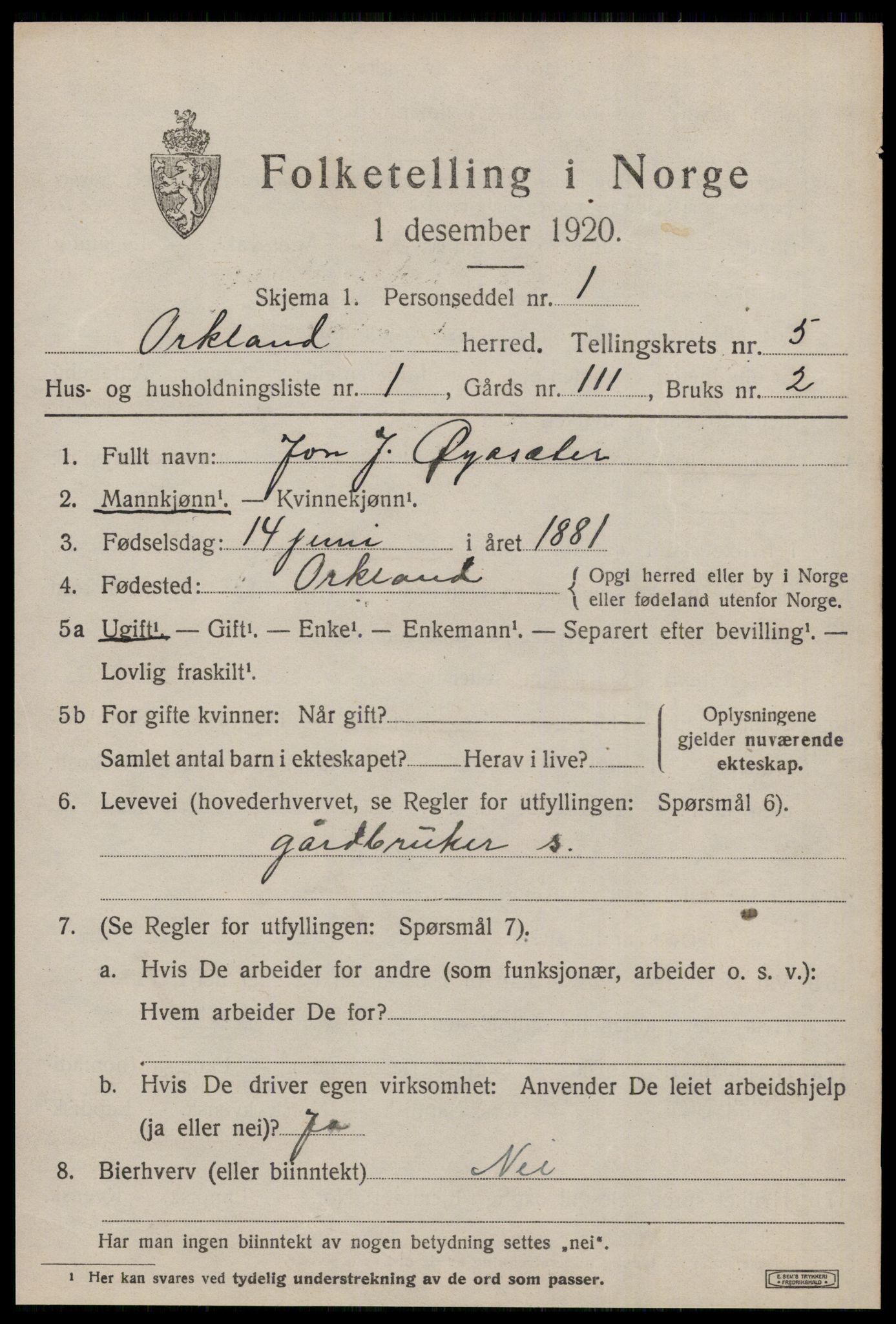 SAT, 1920 census for Orkland, 1920, p. 4022