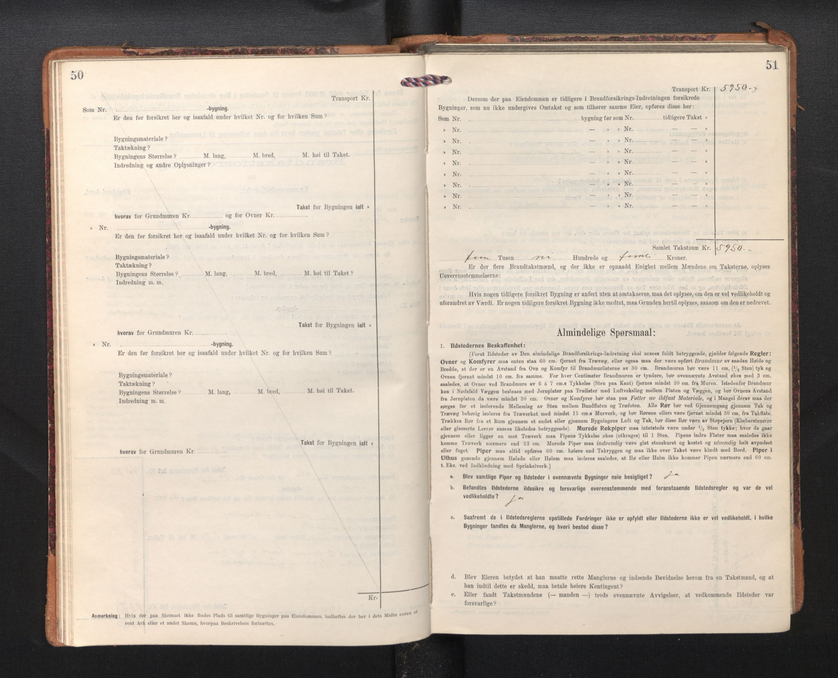 Lensmannen i Kvam, SAB/A-33201/0012/L0006: Branntakstprotokoll, skjematakst, 1913-1955, p. 50-51