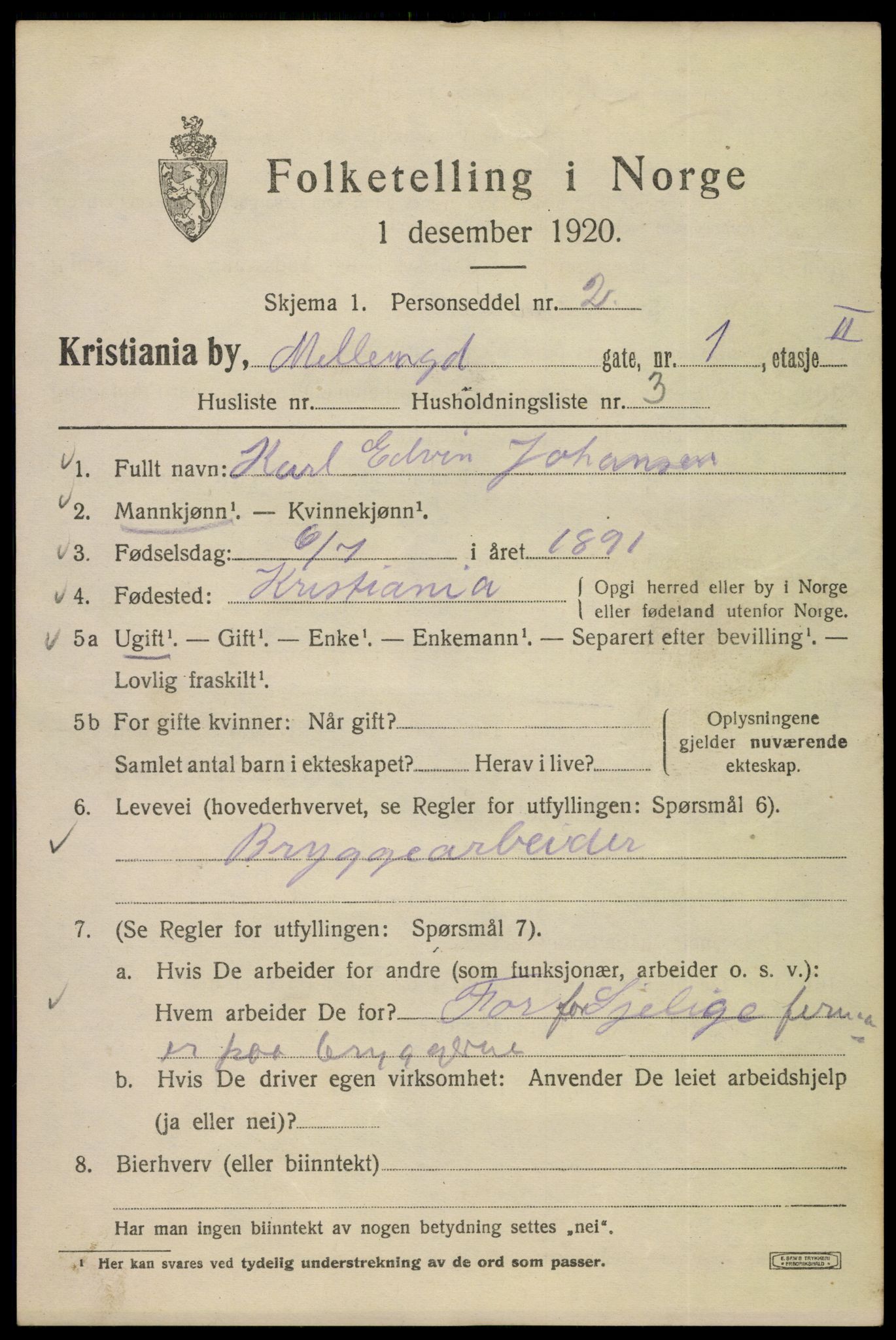 SAO, 1920 census for Kristiania, 1920, p. 394021