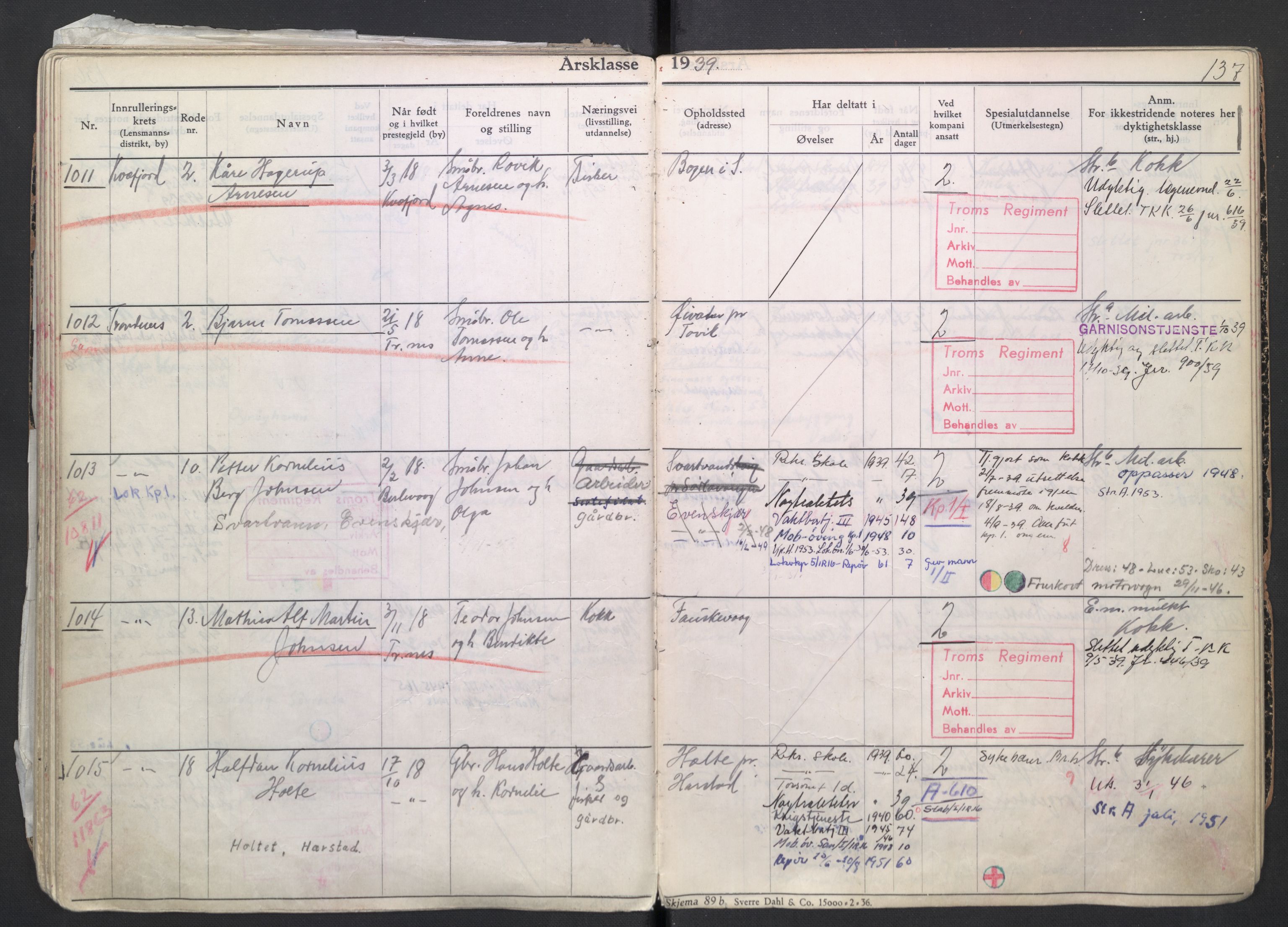 Forsvaret, Troms infanteriregiment nr. 16, AV/RA-RAFA-3146/P/Pa/L0007/0004: Ruller / Rulle for regimentets menige mannskaper, årsklasse 1939, 1939, p. 137