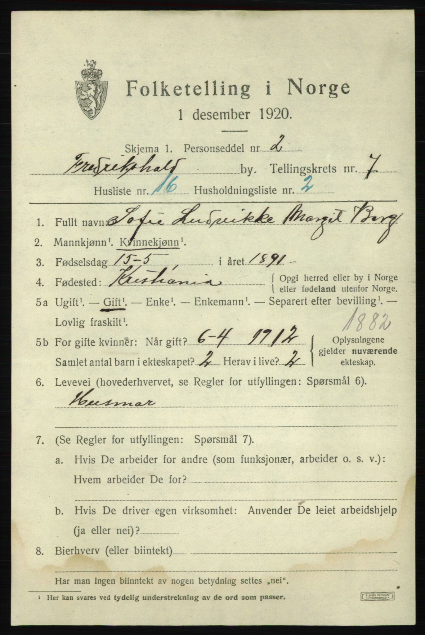 SAO, 1920 census for Fredrikshald, 1920, p. 14204