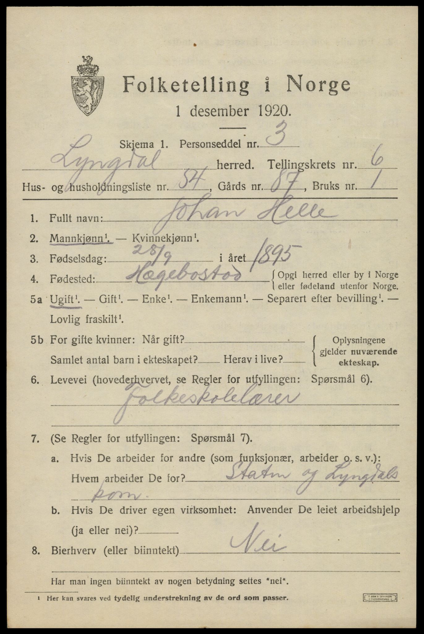 SAK, 1920 census for Lyngdal, 1920, p. 3907