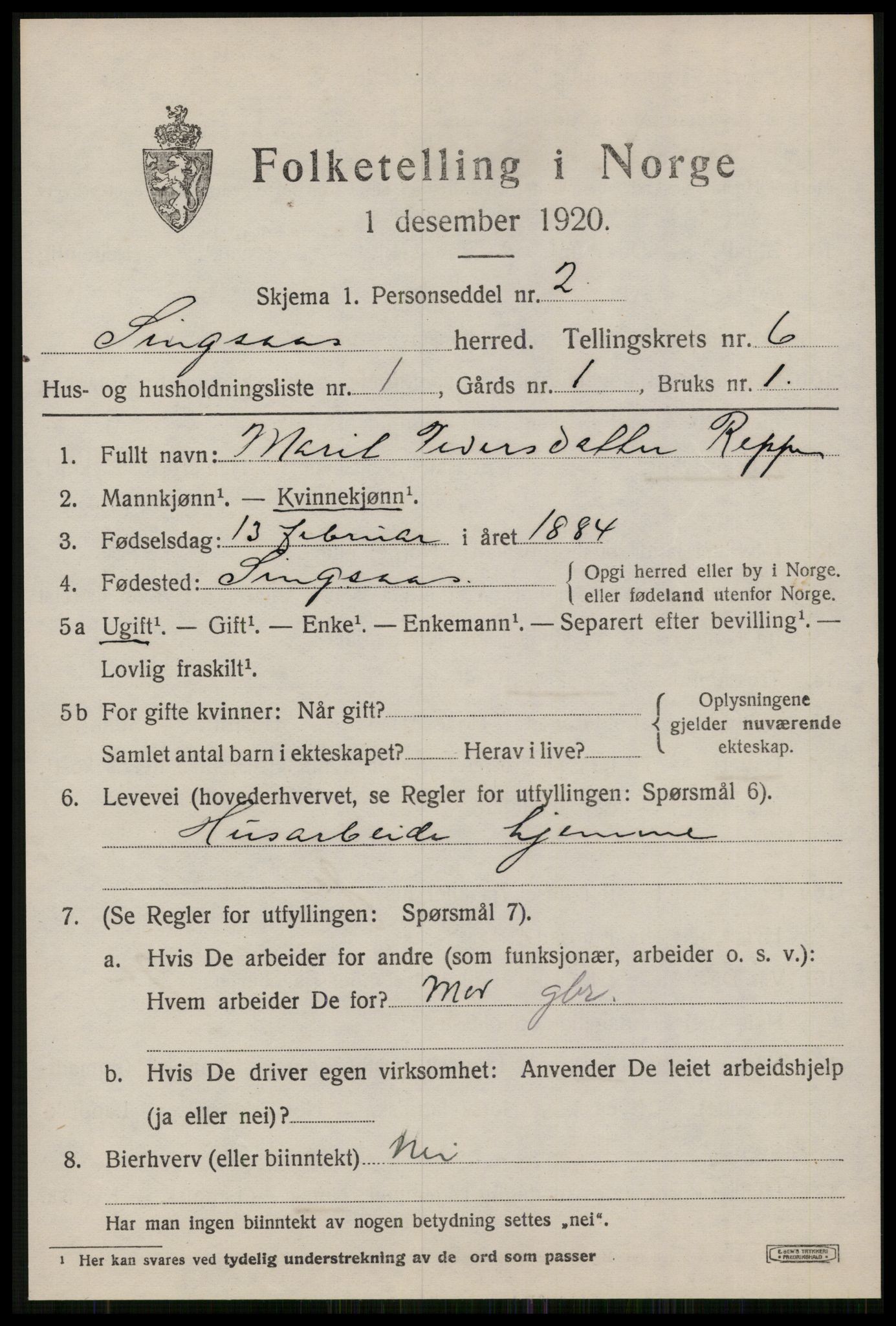 SAT, 1920 census for Singsås, 1920, p. 3351