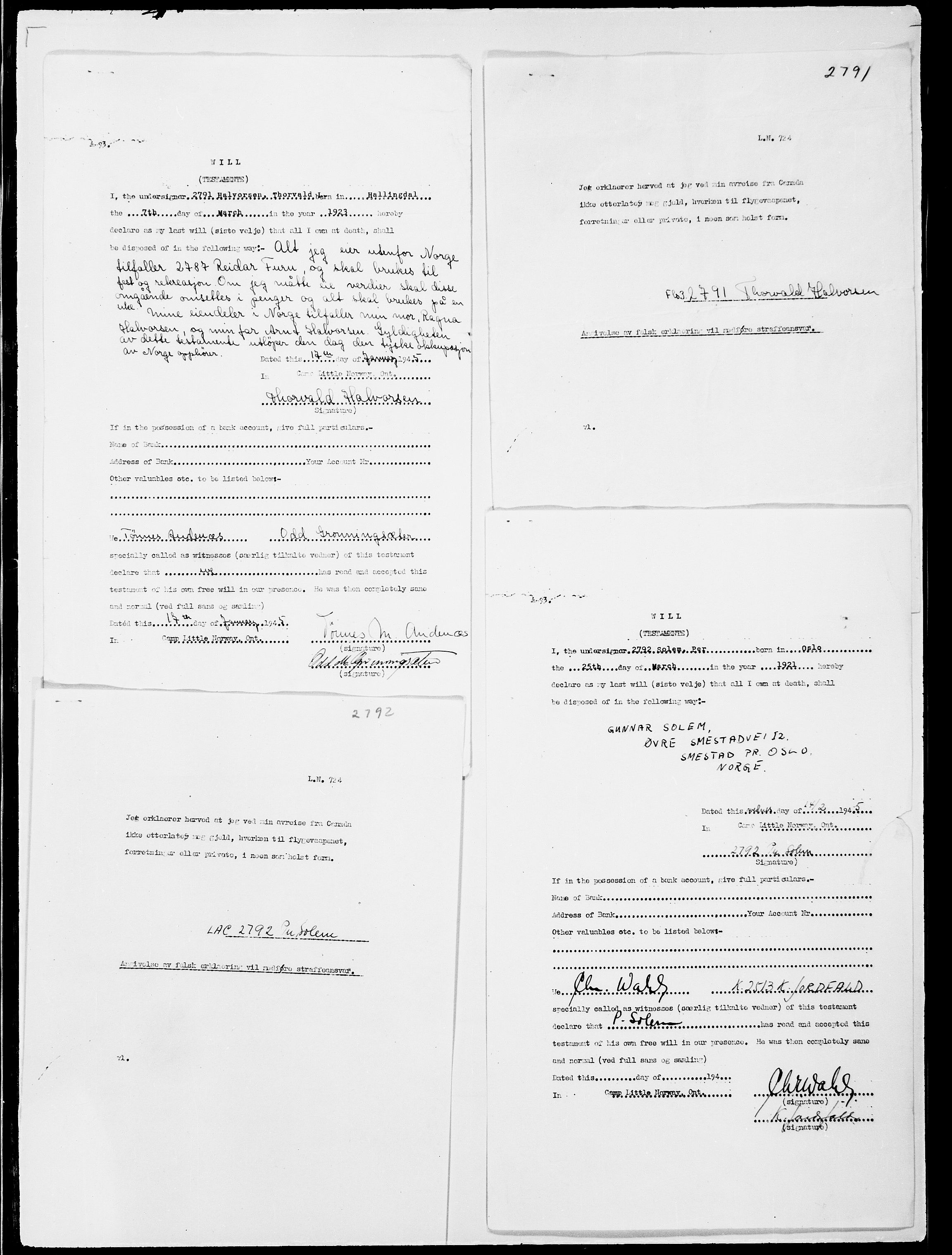Forsvaret, Flyvåpnenes treningsleir 1940-1945, AV/RA-RAFA-3974/V/L0073b: Ekspedisjonskontoret.
Testamenter # 1 til 2868., 1940-1945