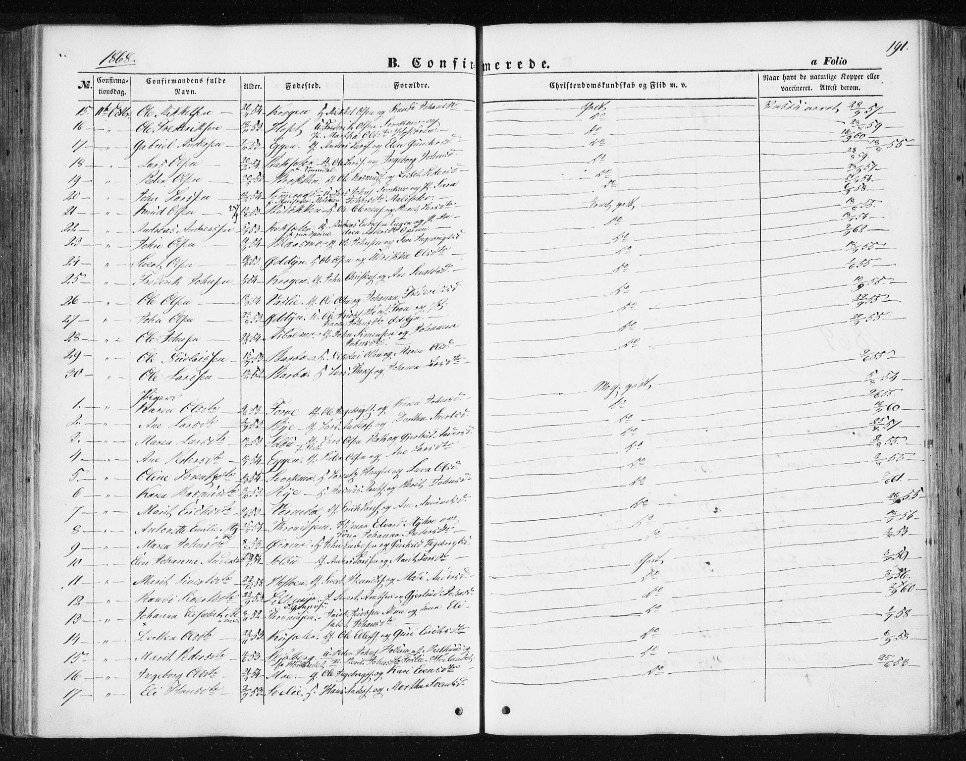 Ministerialprotokoller, klokkerbøker og fødselsregistre - Sør-Trøndelag, AV/SAT-A-1456/668/L0806: Parish register (official) no. 668A06, 1854-1869, p. 191