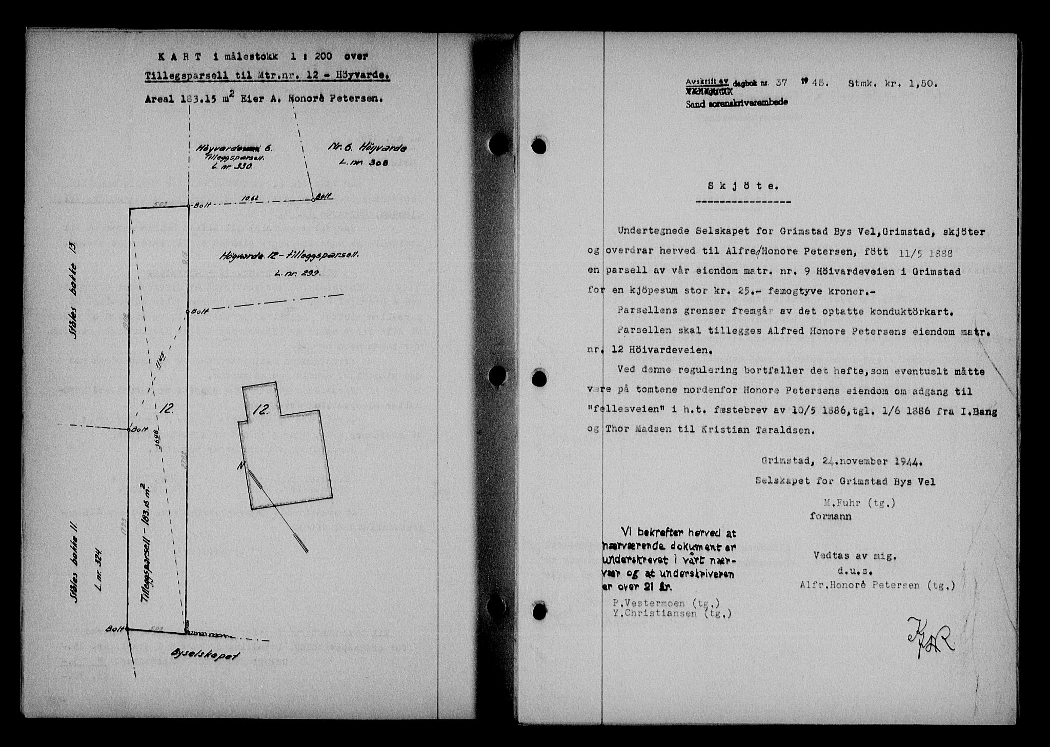 Vestre Nedenes/Sand sorenskriveri, SAK/1221-0010/G/Gb/Gba/L0053: Mortgage book no. A 6, 1944-1945, Diary no: : 37/1945