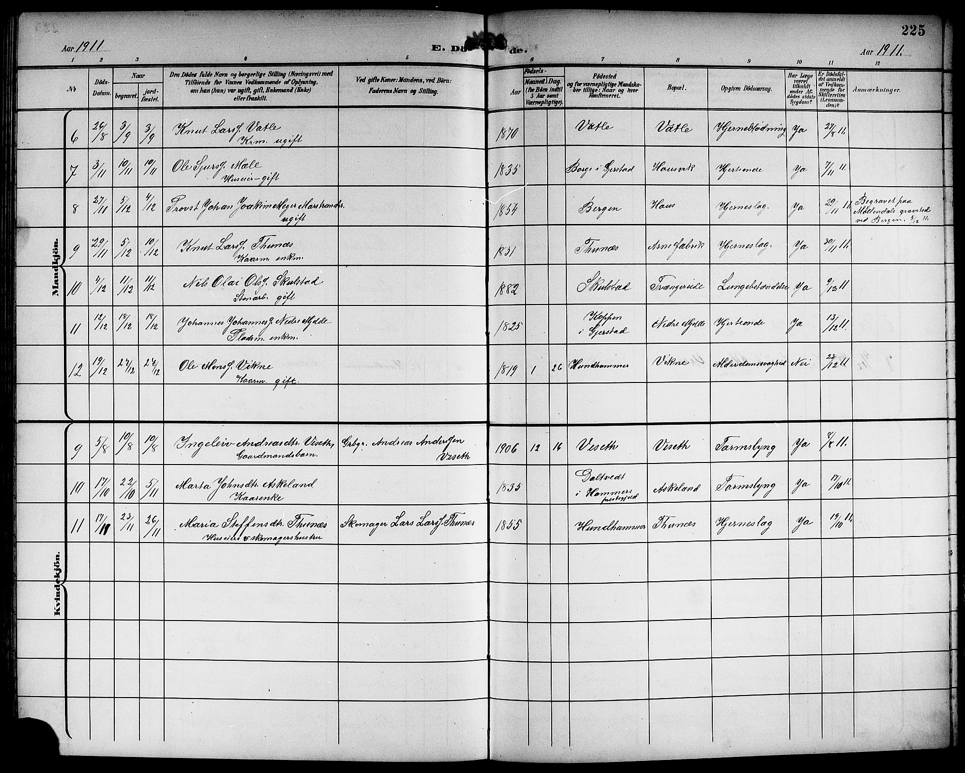 Haus sokneprestembete, SAB/A-75601/H/Hab: Parish register (copy) no. B 4, 1900-1921, p. 225