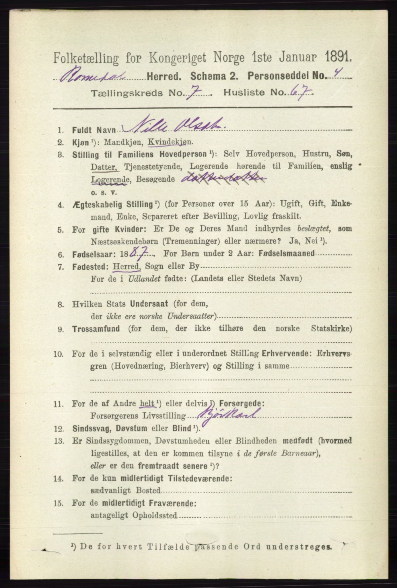 RA, 1891 census for 0416 Romedal, 1891, p. 3884