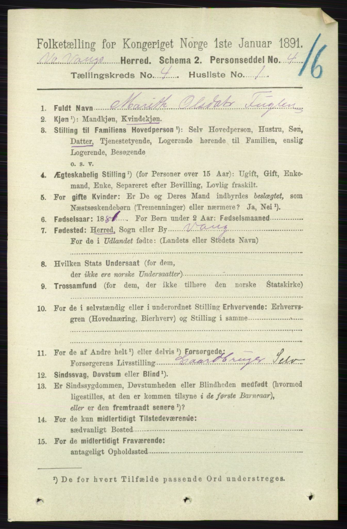 RA, 1891 census for 0545 Vang, 1891, p. 897