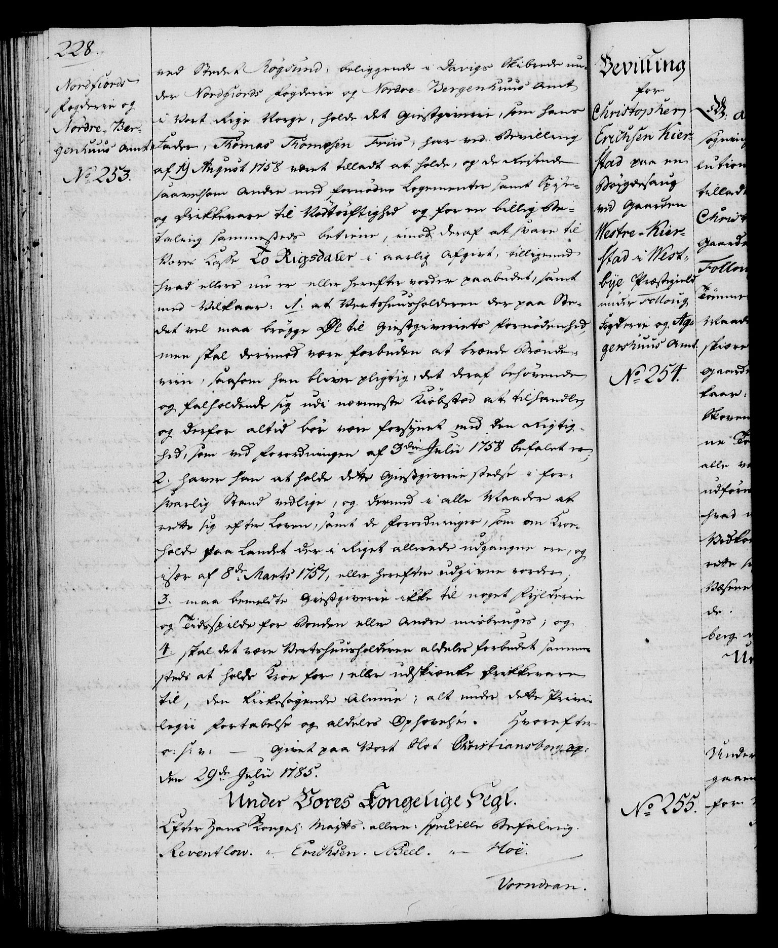 Rentekammeret, Kammerkanselliet, AV/RA-EA-3111/G/Gg/Gga/L0013: Norsk ekspedisjonsprotokoll med register (merket RK 53.13), 1784-1787, p. 228