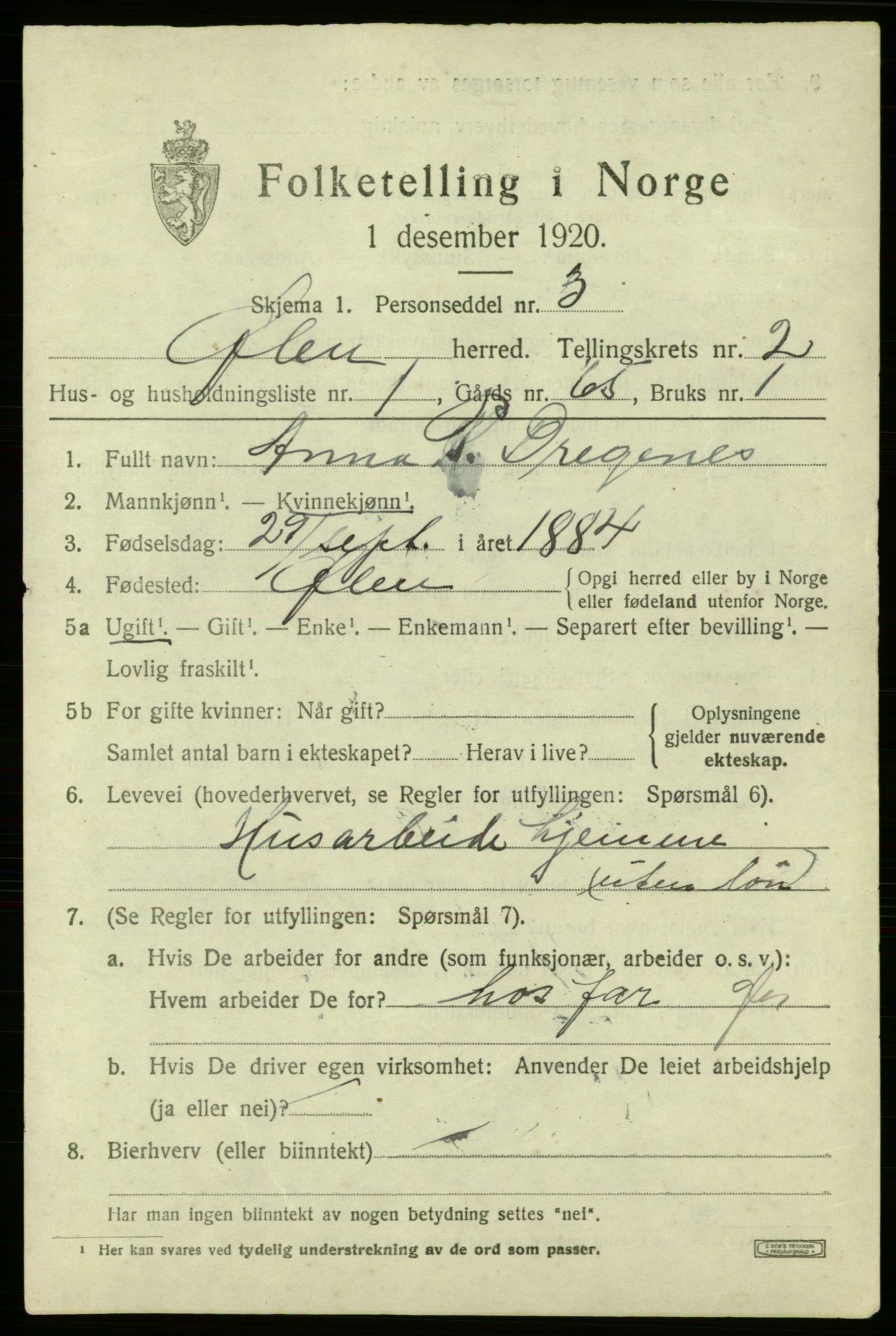 SAB, 1920 census for Ølen, 1920, p. 907