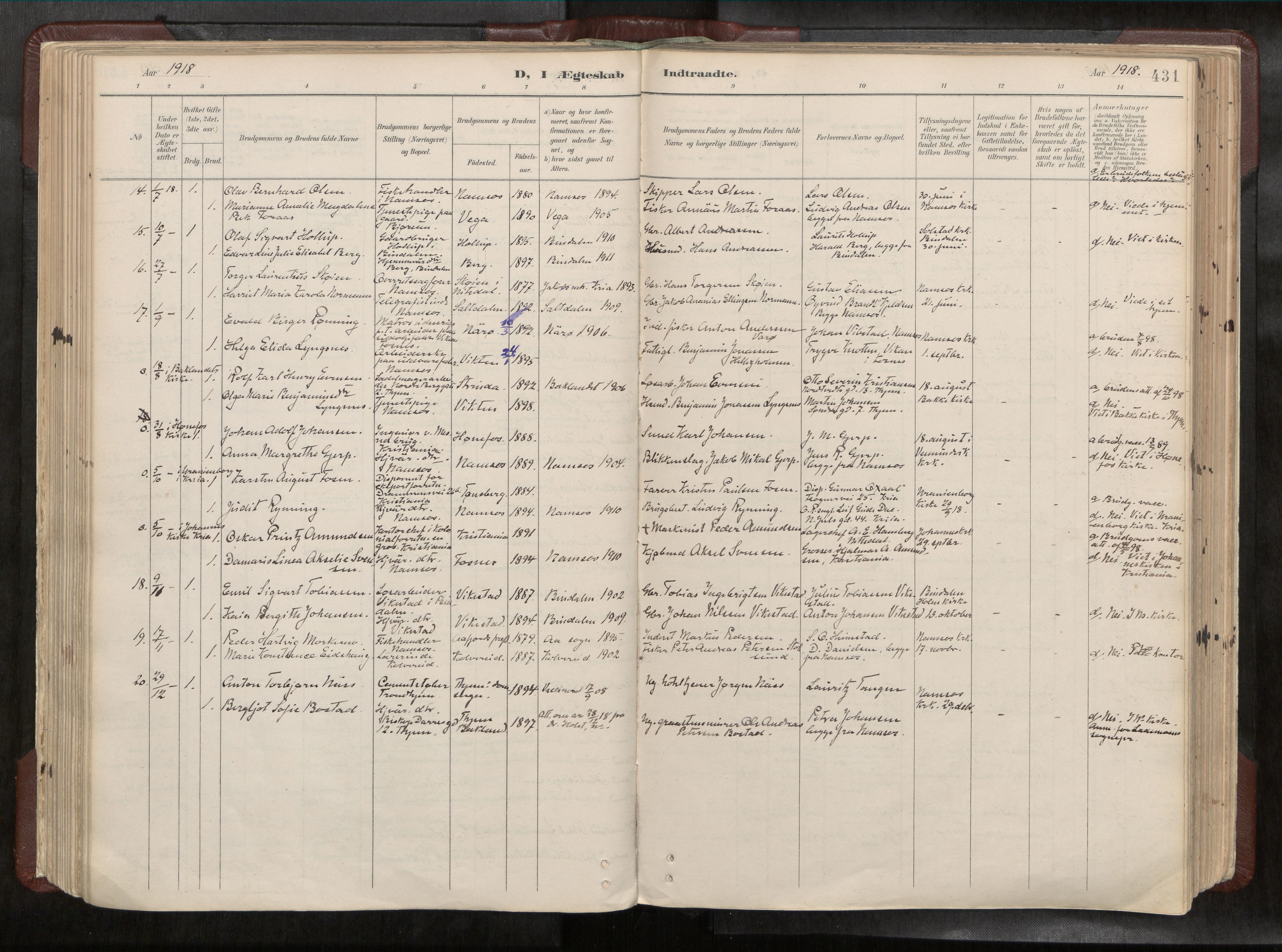 Ministerialprotokoller, klokkerbøker og fødselsregistre - Nord-Trøndelag, AV/SAT-A-1458/768/L0579a: Parish register (official) no. 768A14, 1887-1931, p. 431