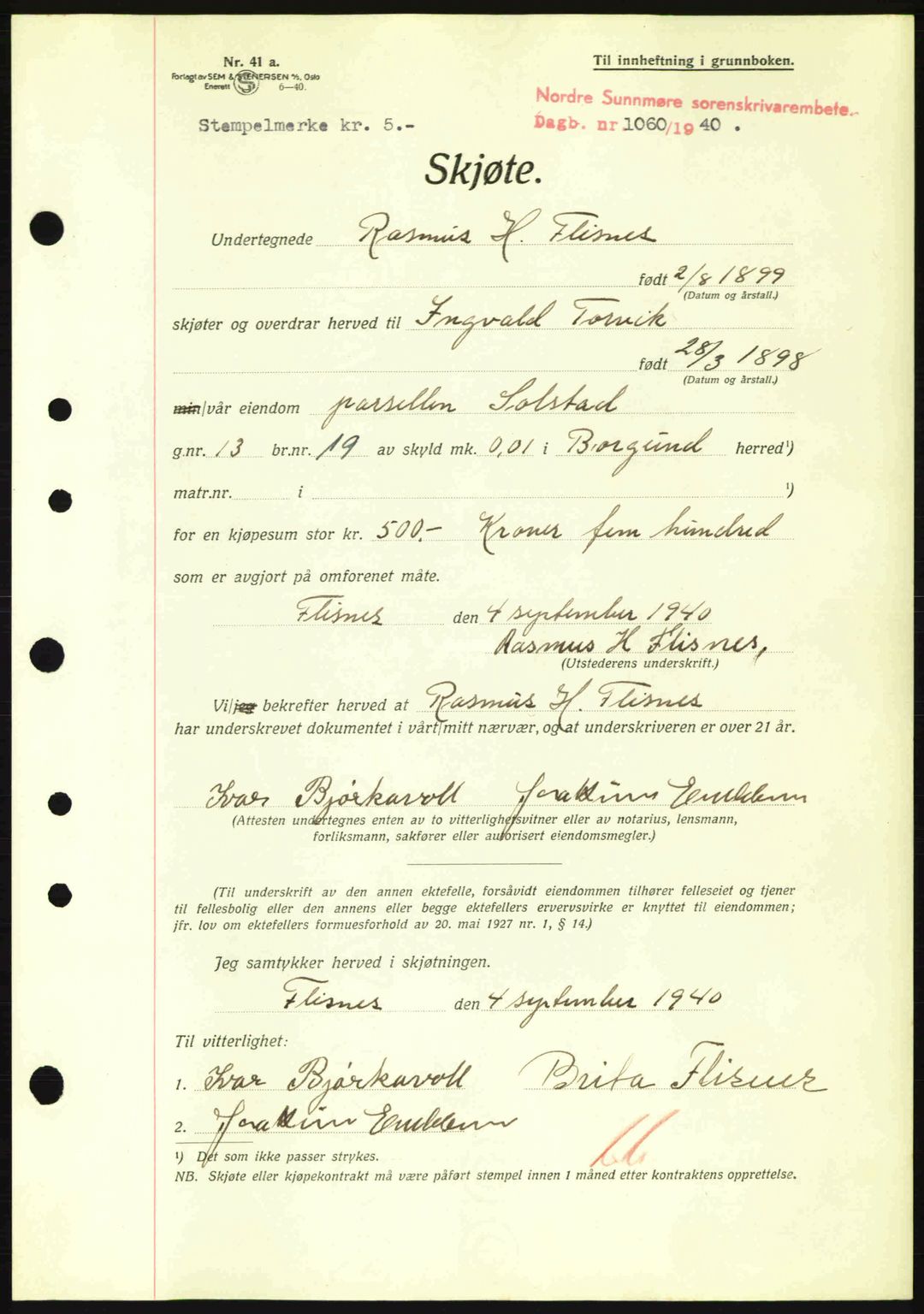 Nordre Sunnmøre sorenskriveri, AV/SAT-A-0006/1/2/2C/2Ca: Mortgage book no. A9, 1940-1940, Diary no: : 1060/1940