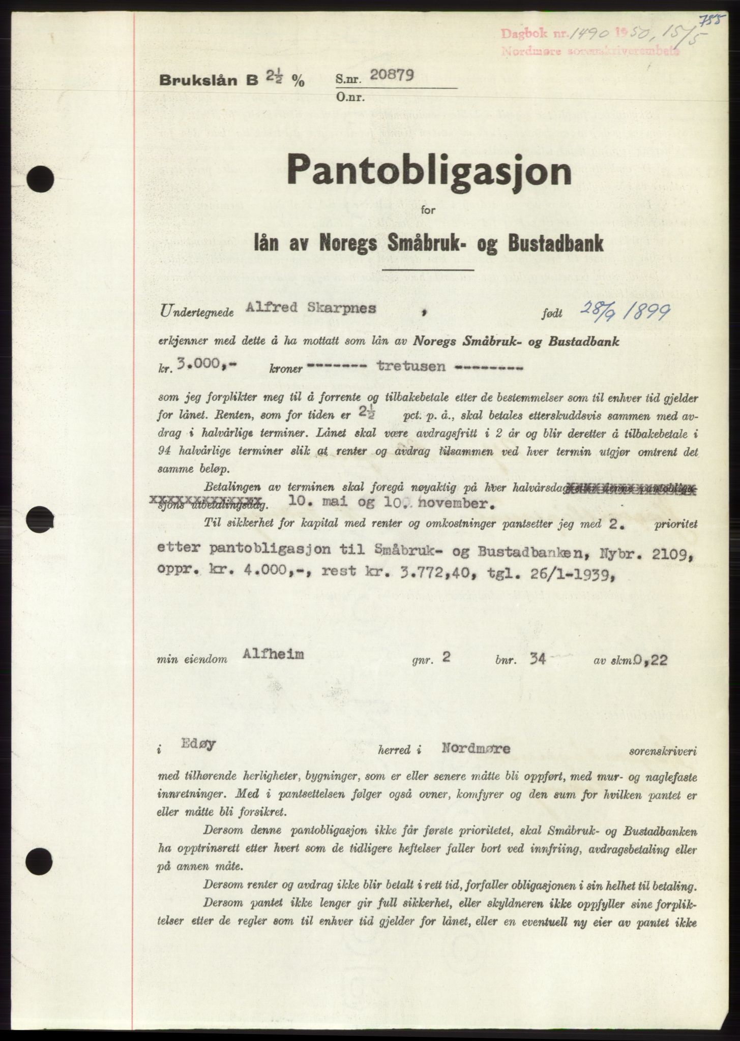 Nordmøre sorenskriveri, AV/SAT-A-4132/1/2/2Ca: Mortgage book no. B104, 1950-1950, Diary no: : 1490/1950