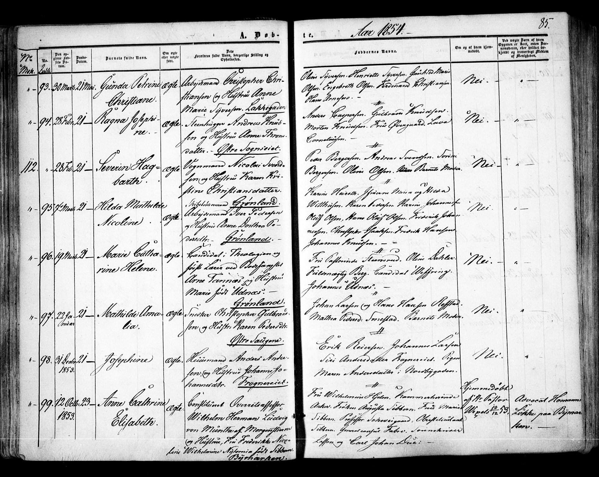 Aker prestekontor kirkebøker, SAO/A-10861/F/L0020: Parish register (official) no. 20, 1853-1857, p. 85