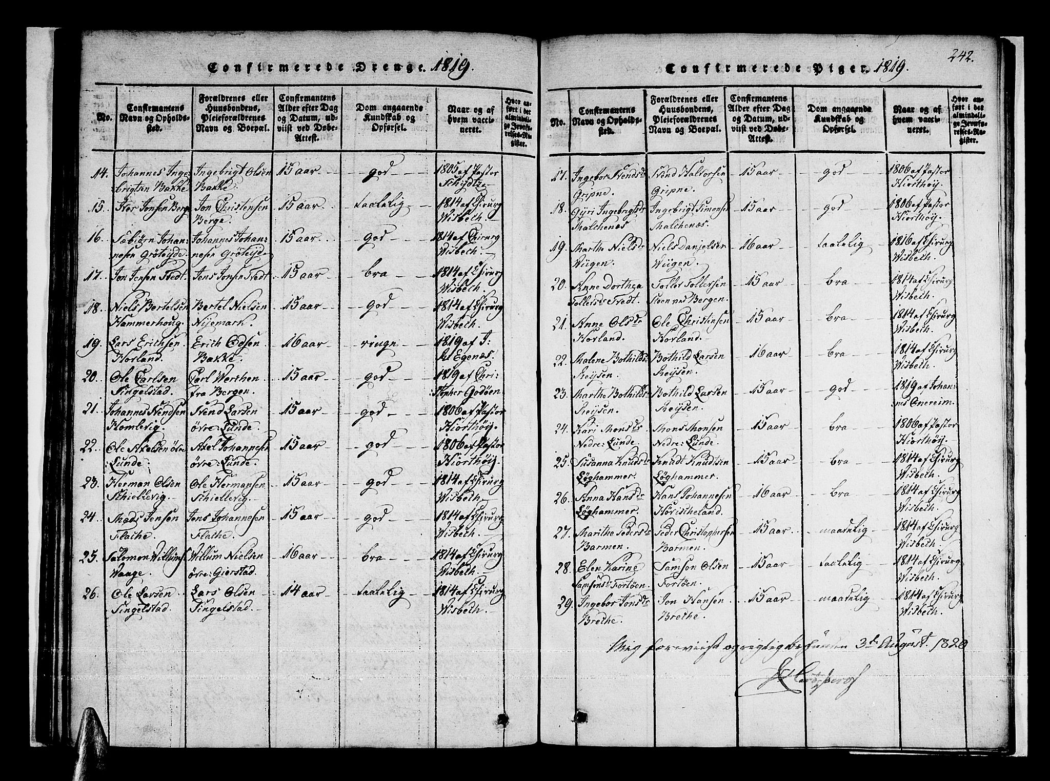 Tysnes sokneprestembete, AV/SAB-A-78601/H/Haa: Parish register (official) no. A 7, 1816-1826, p. 242