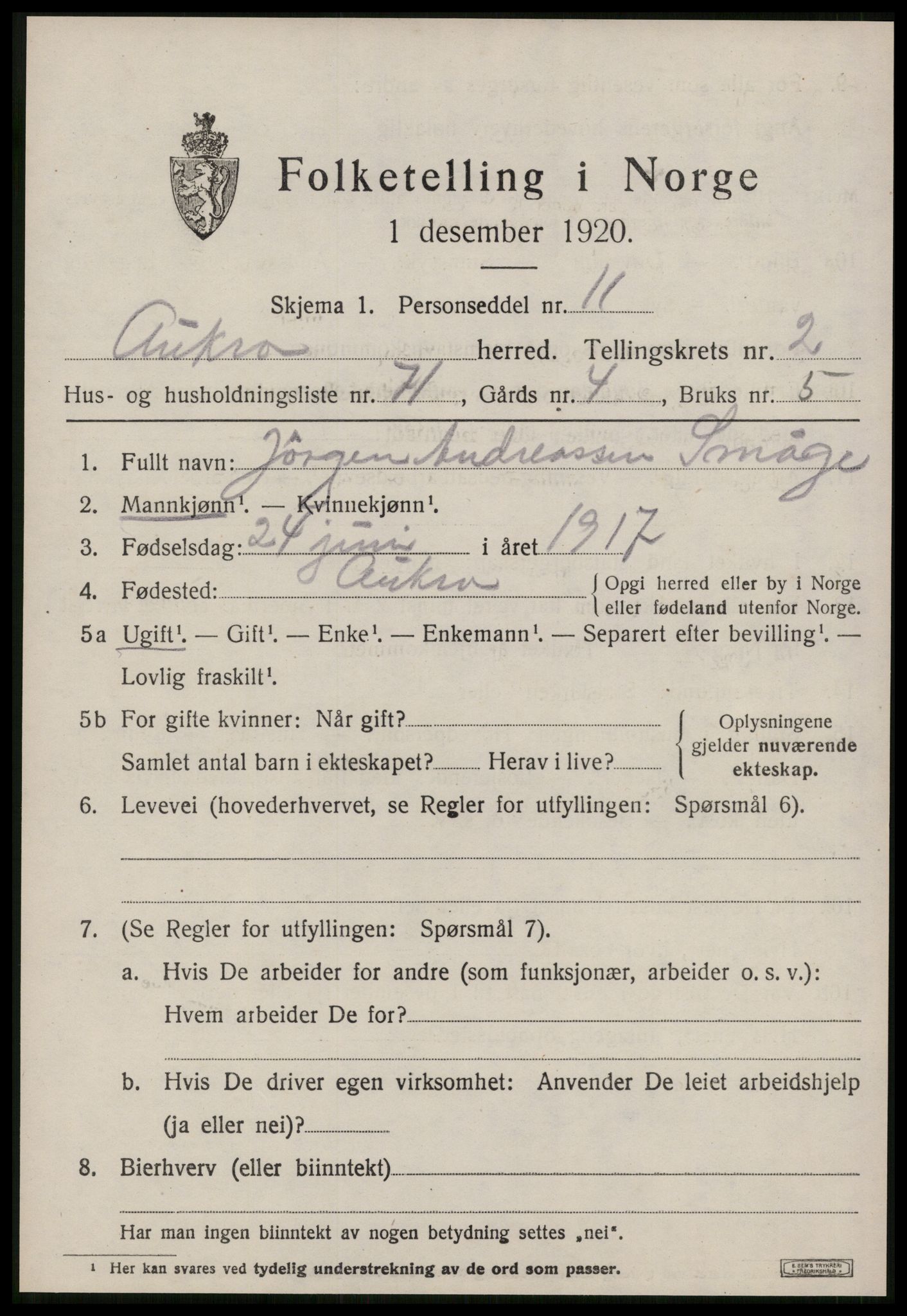 SAT, 1920 census for Aukra, 1920, p. 2493