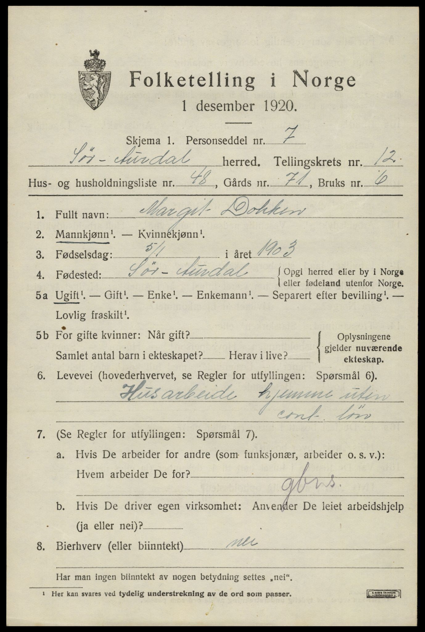 SAH, 1920 census for Sør-Aurdal, 1920, p. 7409