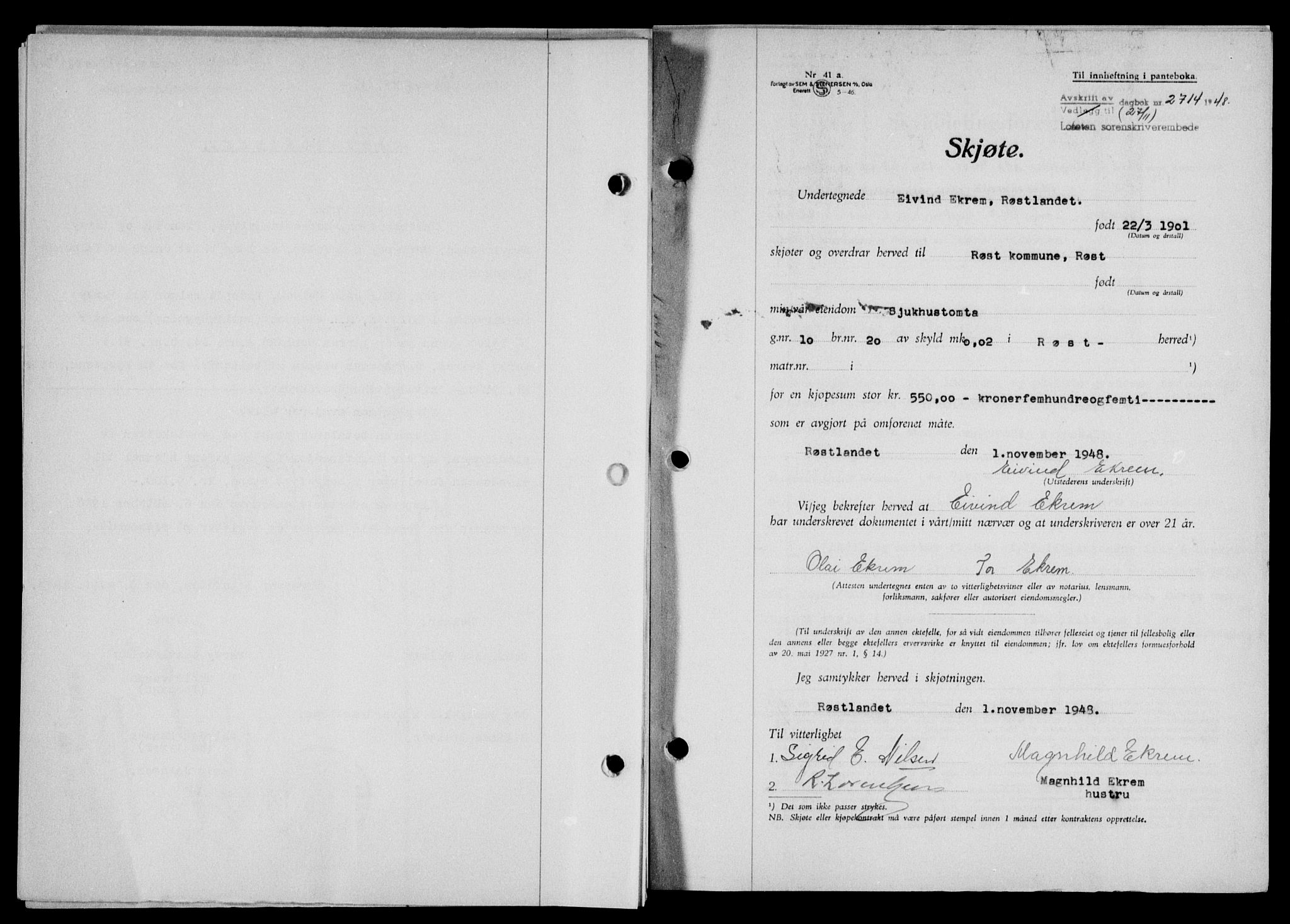 Lofoten sorenskriveri, SAT/A-0017/1/2/2C/L0019a: Mortgage book no. 19a, 1948-1948, Diary no: : 2714/1948