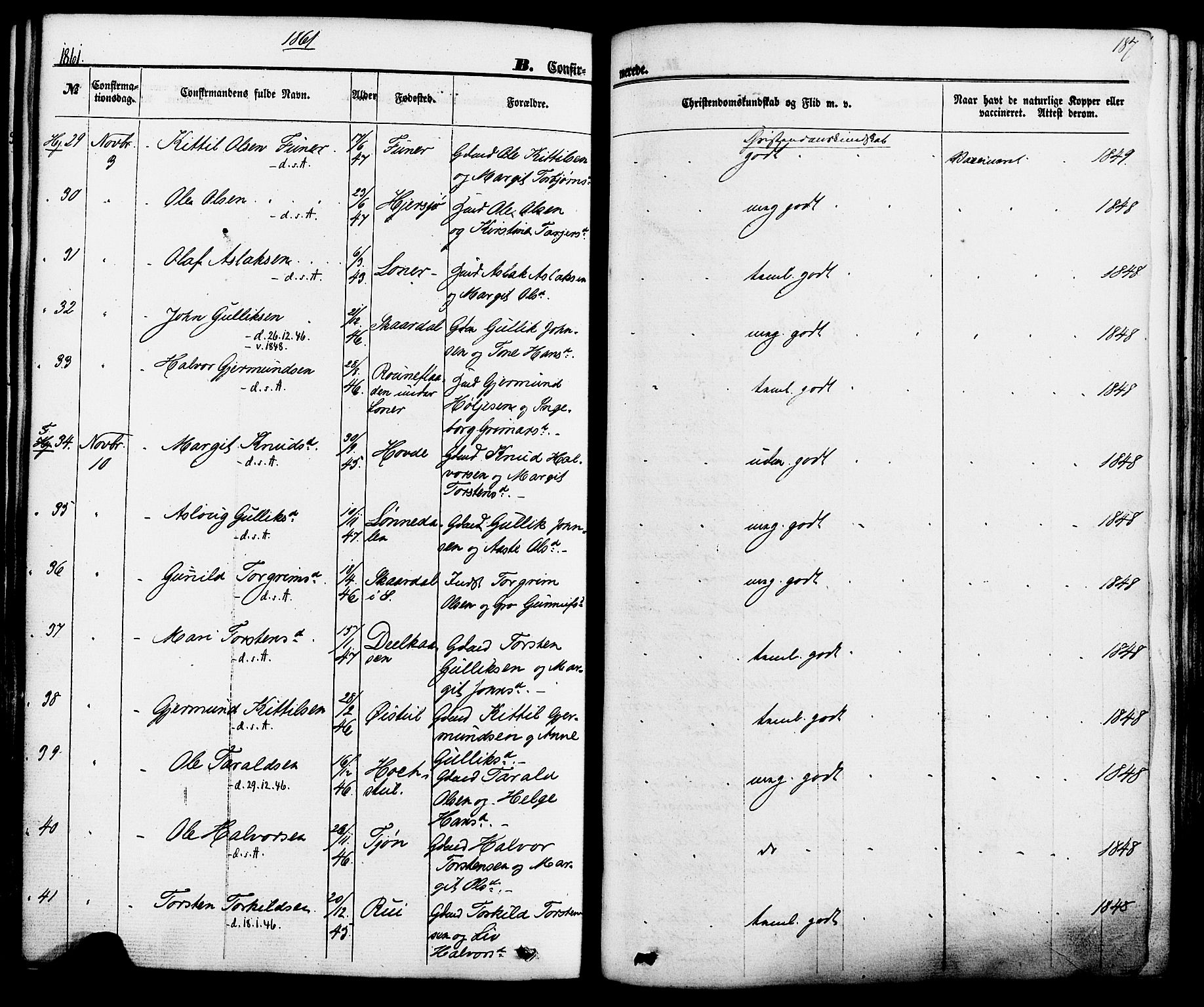 Hjartdal kirkebøker, SAKO/A-270/F/Fa/L0009: Parish register (official) no. I 9, 1860-1879, p. 187