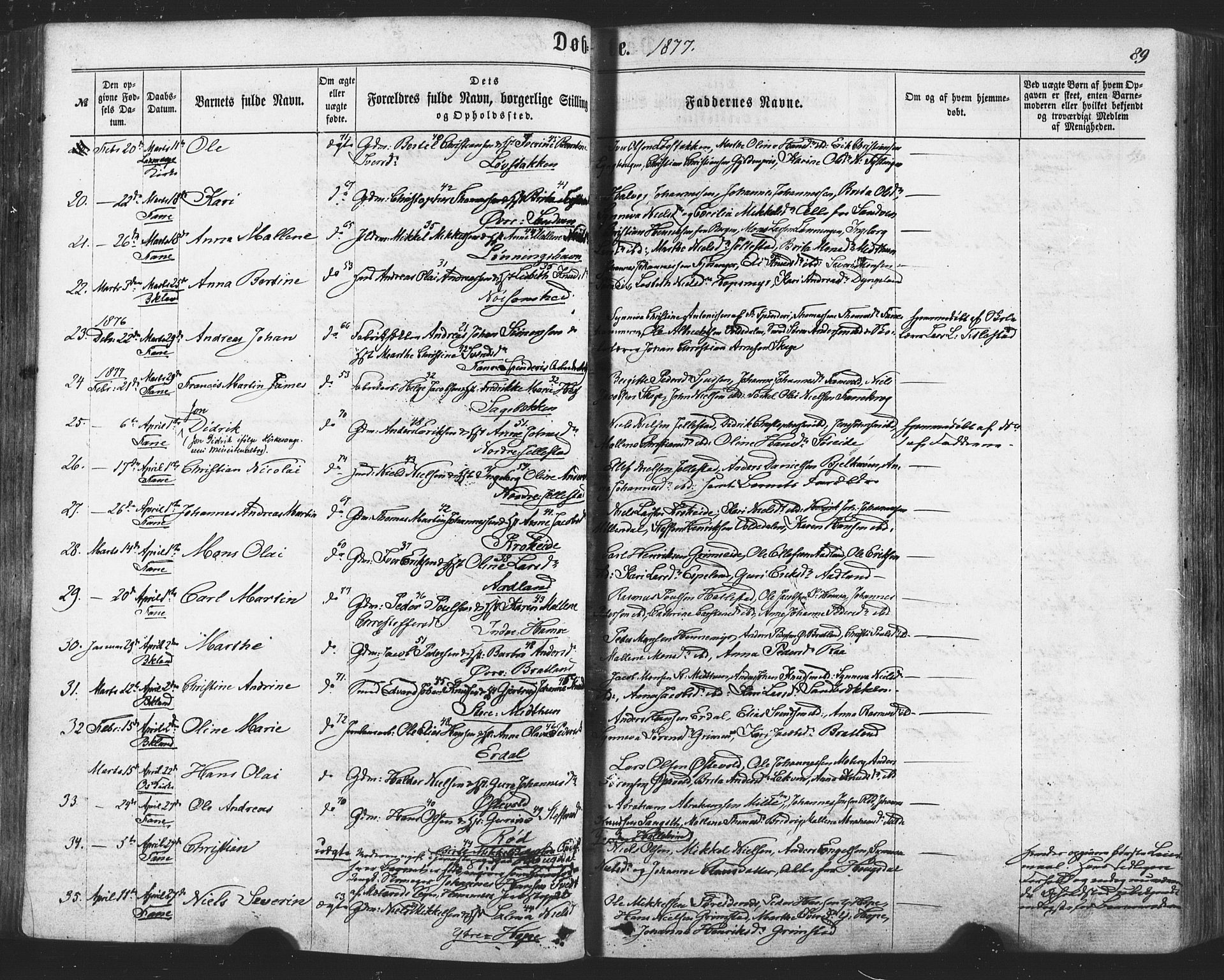 Fana Sokneprestembete, SAB/A-75101/H/Haa/Haaa/L0012: Parish register (official) no. A 12, 1862-1878, p. 89