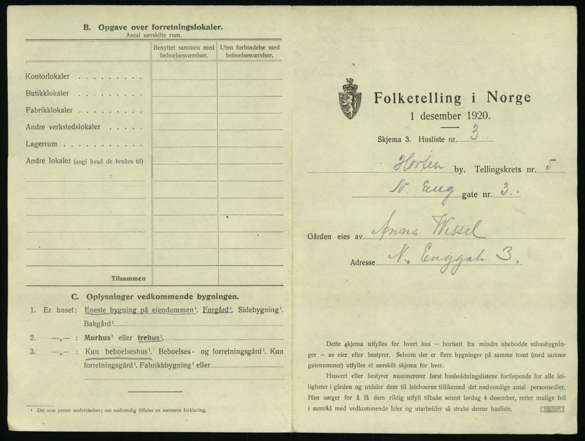 SAKO, 1920 census for Horten, 1920, p. 1543