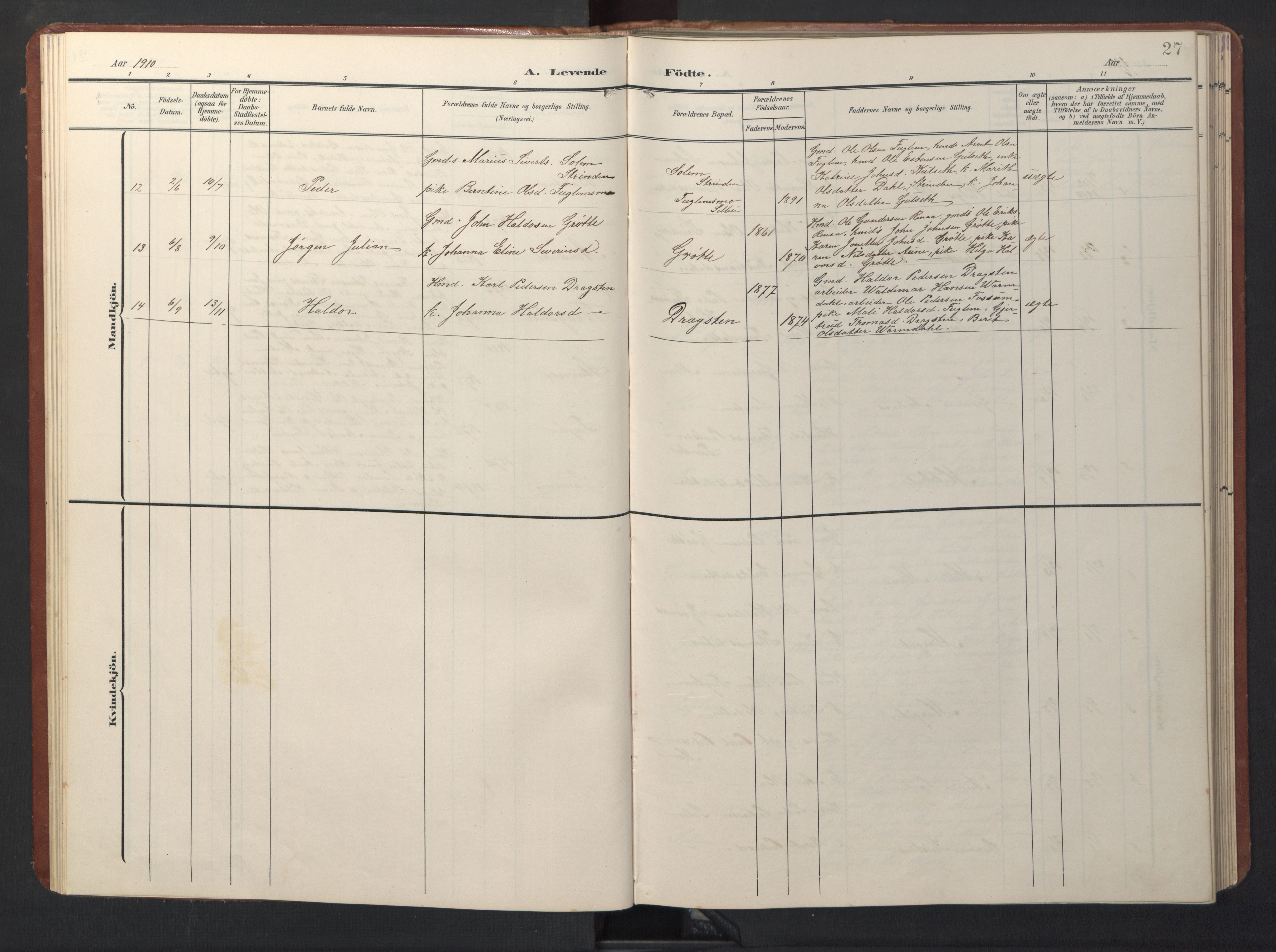 Ministerialprotokoller, klokkerbøker og fødselsregistre - Sør-Trøndelag, SAT/A-1456/696/L1161: Parish register (copy) no. 696C01, 1902-1950, p. 27