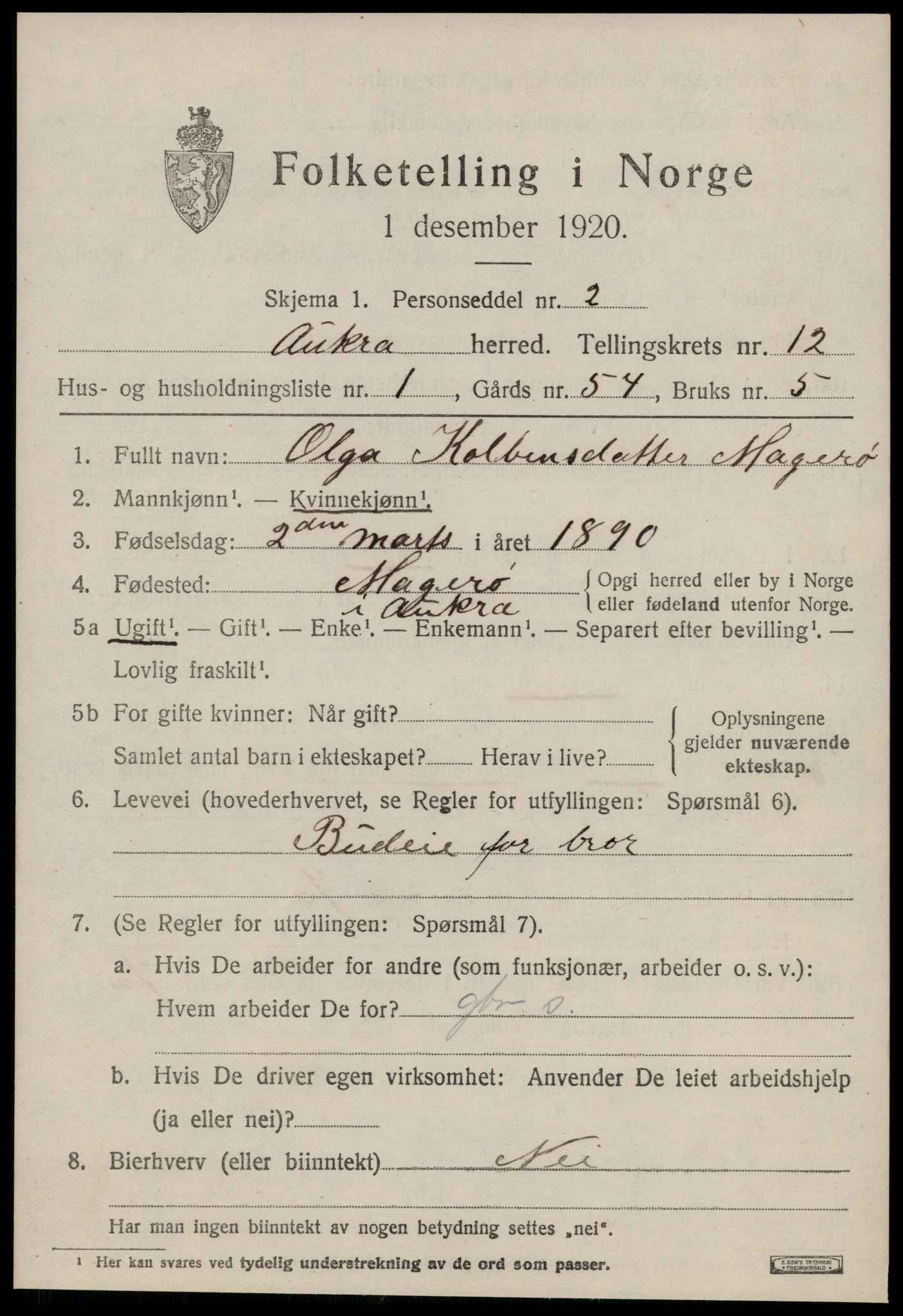 SAT, 1920 census for Aukra, 1920, p. 5413