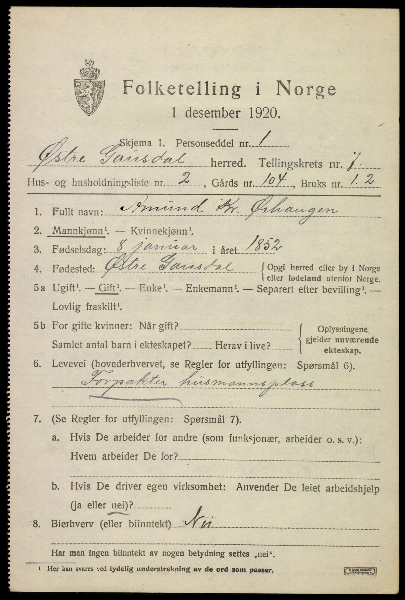 SAH, 1920 census for Østre Gausdal, 1920, p. 3874