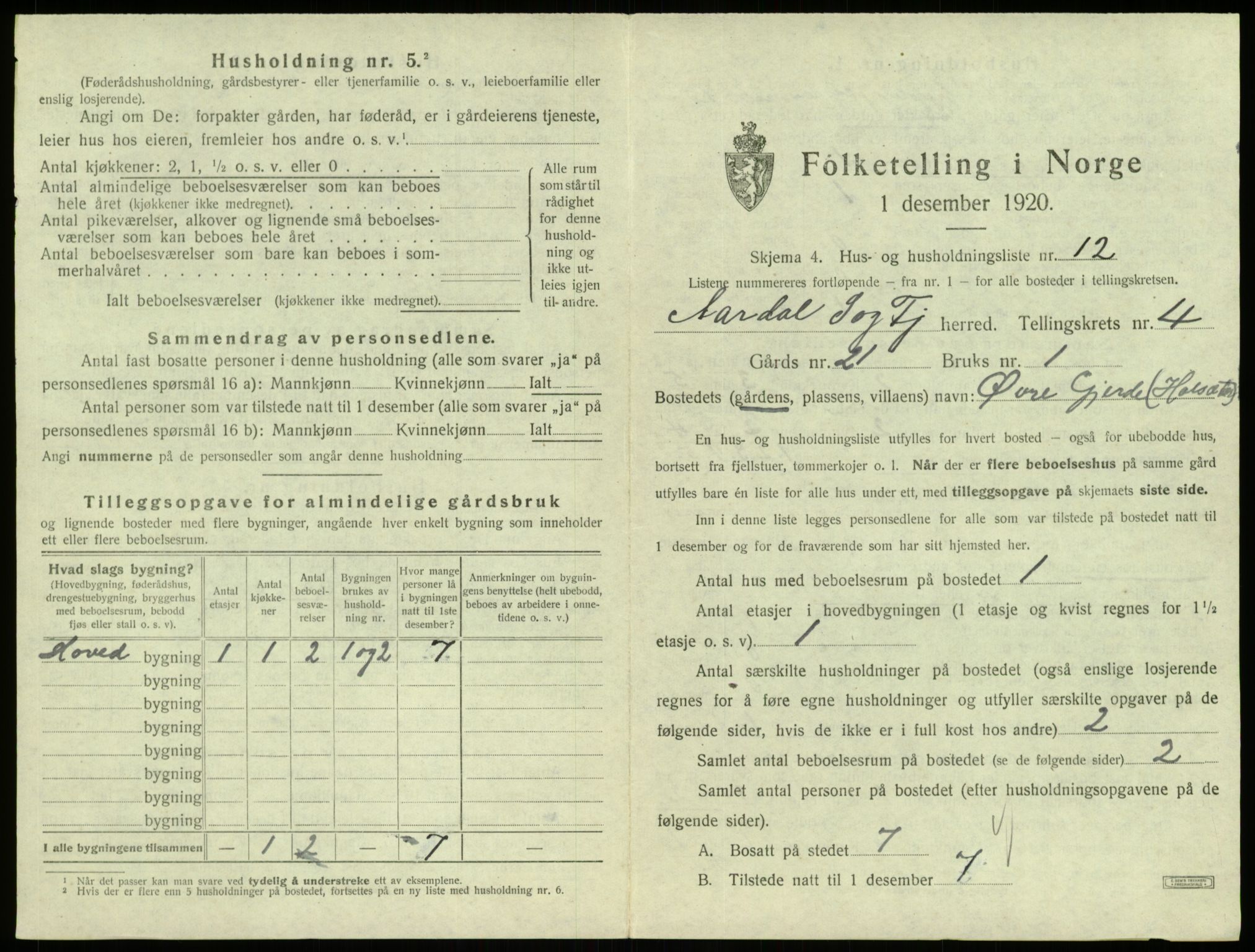 SAB, 1920 census for Årdal, 1920, p. 361