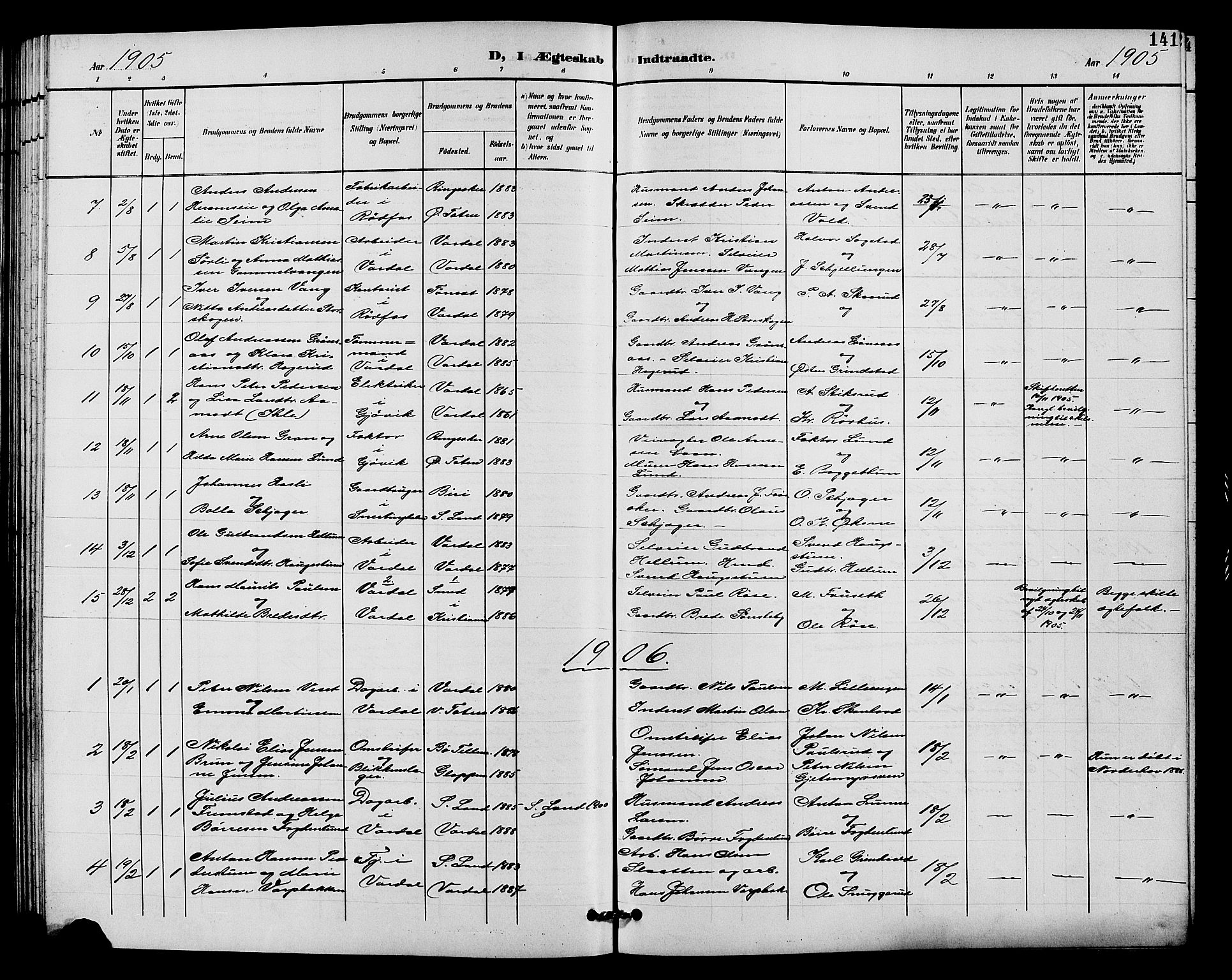 Vardal prestekontor, SAH/PREST-100/H/Ha/Hab/L0011: Parish register (copy) no. 11, 1899-1913, p. 141