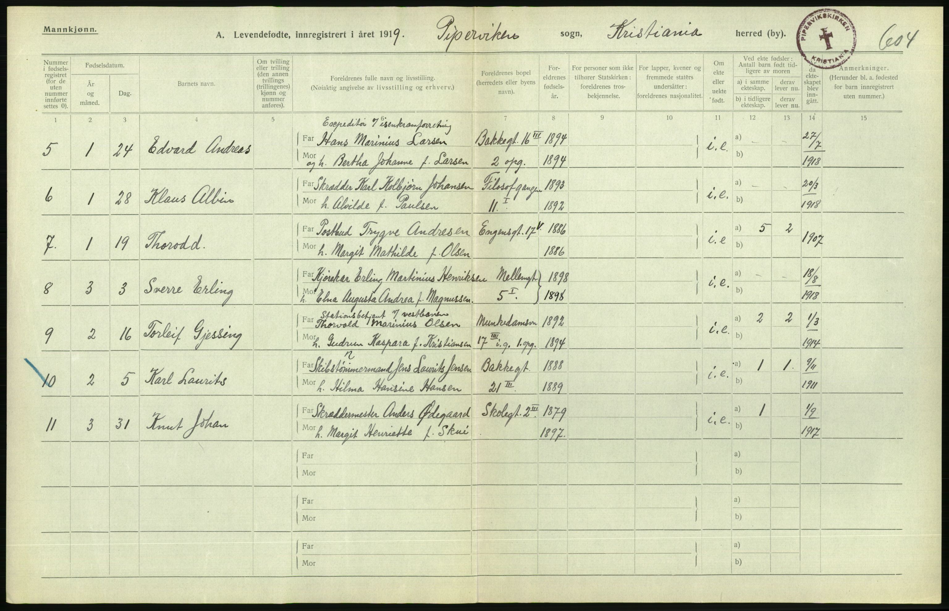 Statistisk sentralbyrå, Sosiodemografiske emner, Befolkning, AV/RA-S-2228/D/Df/Dfb/Dfbi/L0008: Kristiania: Levendefødte menn og kvinner., 1919