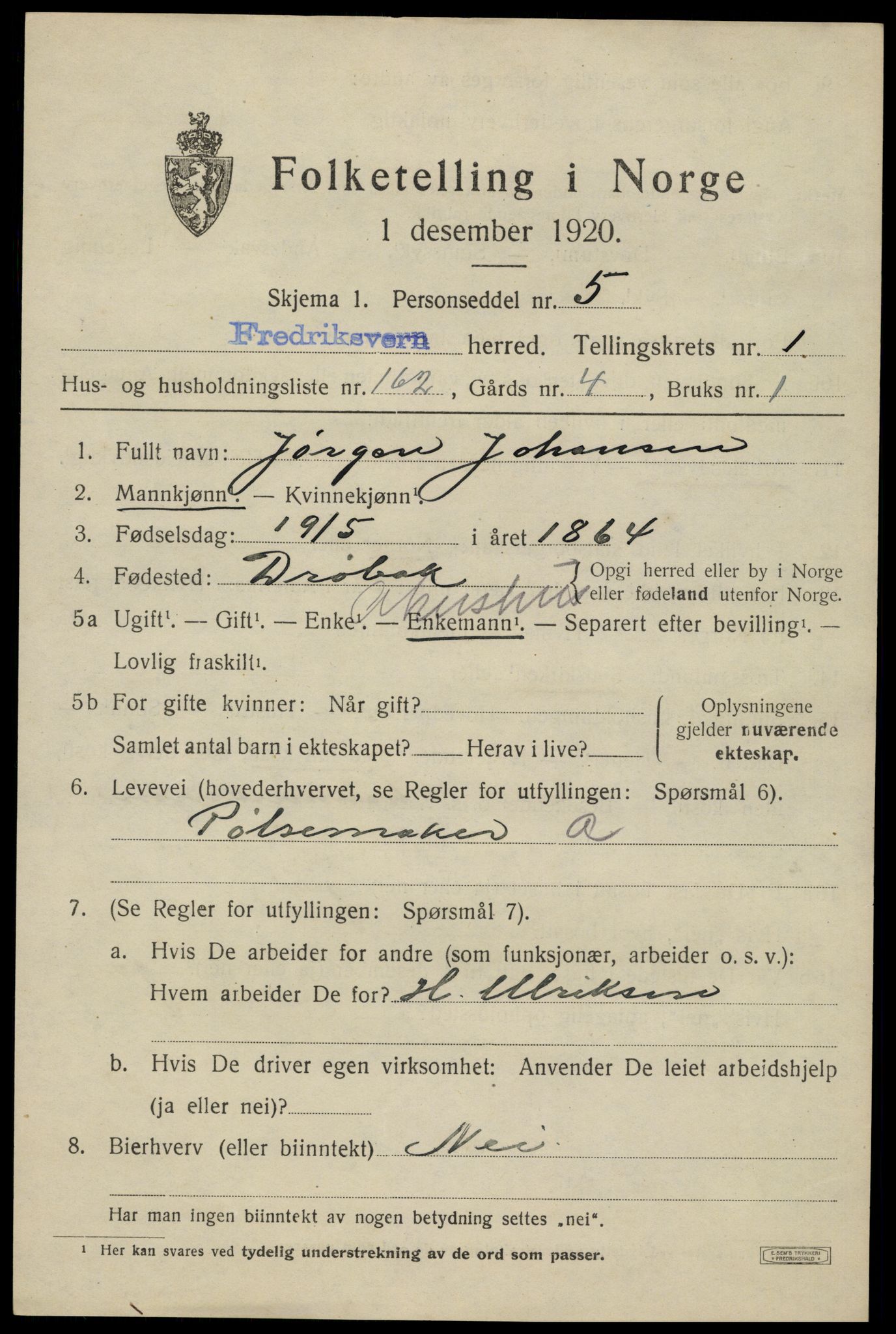 SAKO, 1920 census for Fredriksvern, 1920, p. 1481