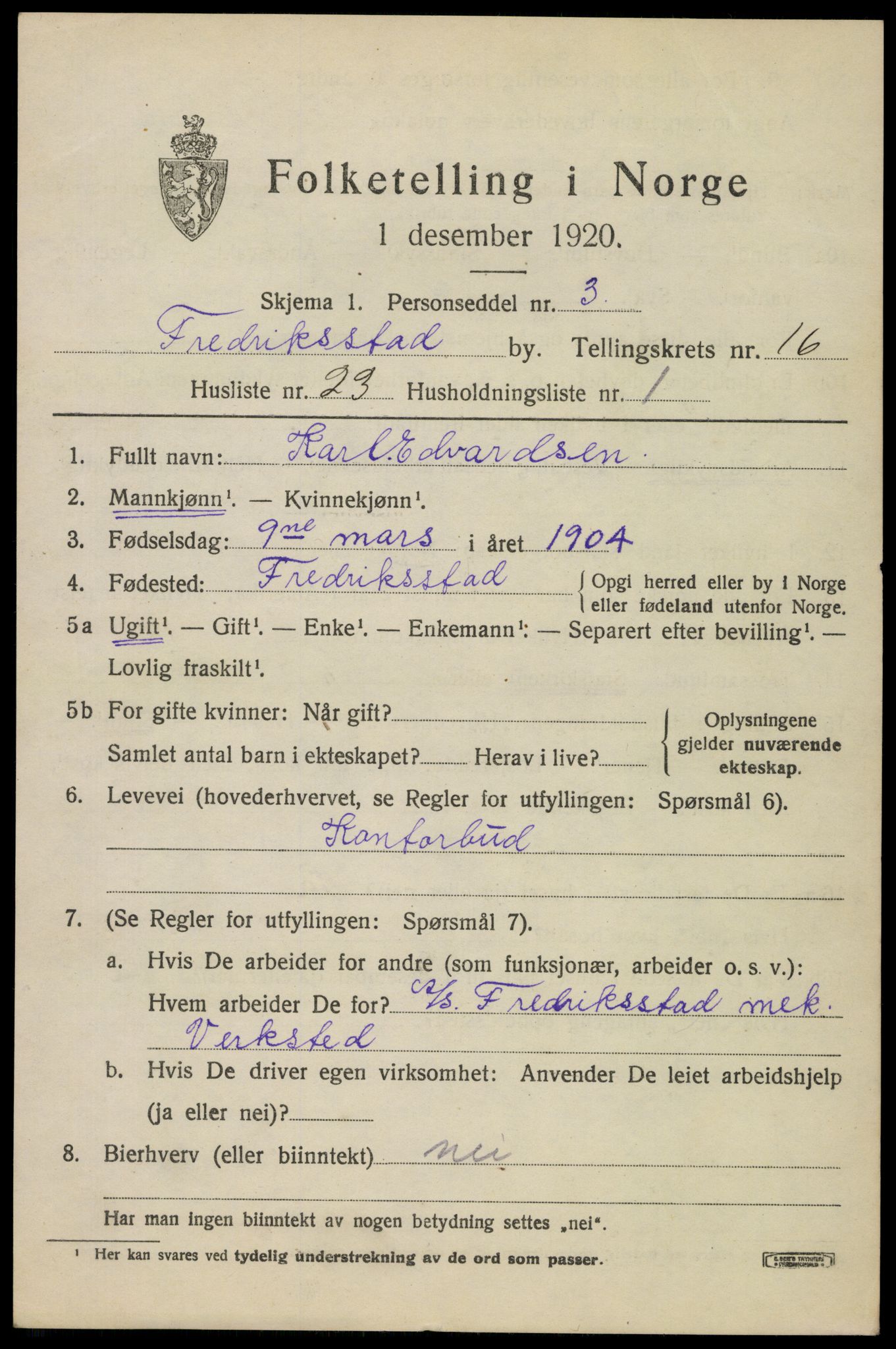 SAO, 1920 census for Fredrikstad, 1920, p. 37439