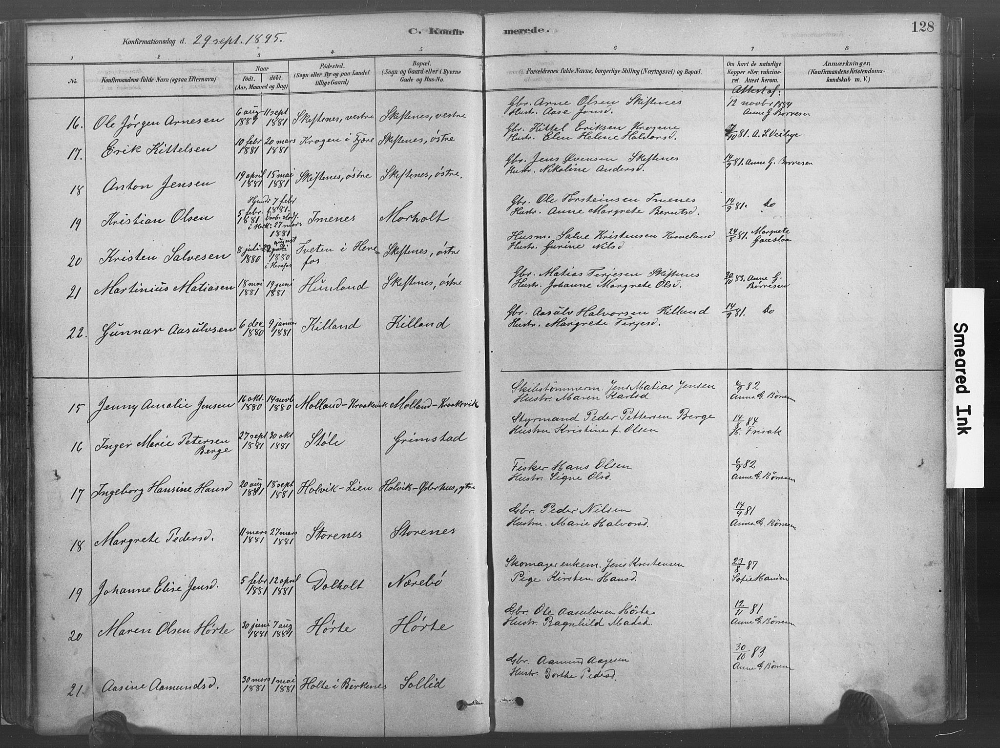 Hommedal sokneprestkontor, AV/SAK-1111-0023/F/Fa/Fab/L0006: Parish register (official) no. A 6, 1878-1897, p. 128