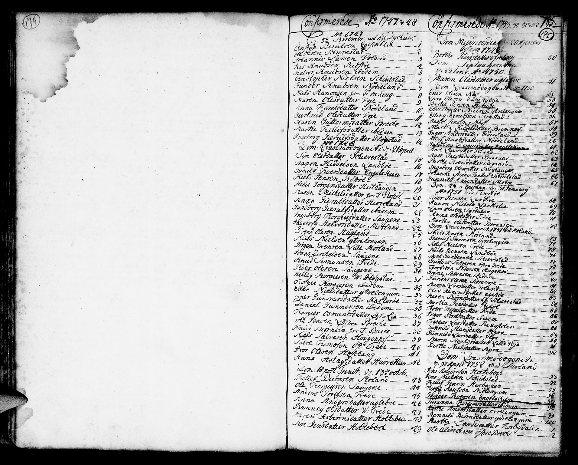 Austre Moland sokneprestkontor, SAK/1111-0001/F/Fa/Faa/L0002: Parish register (official) no. A 2, 1747-1808, p. 174-175