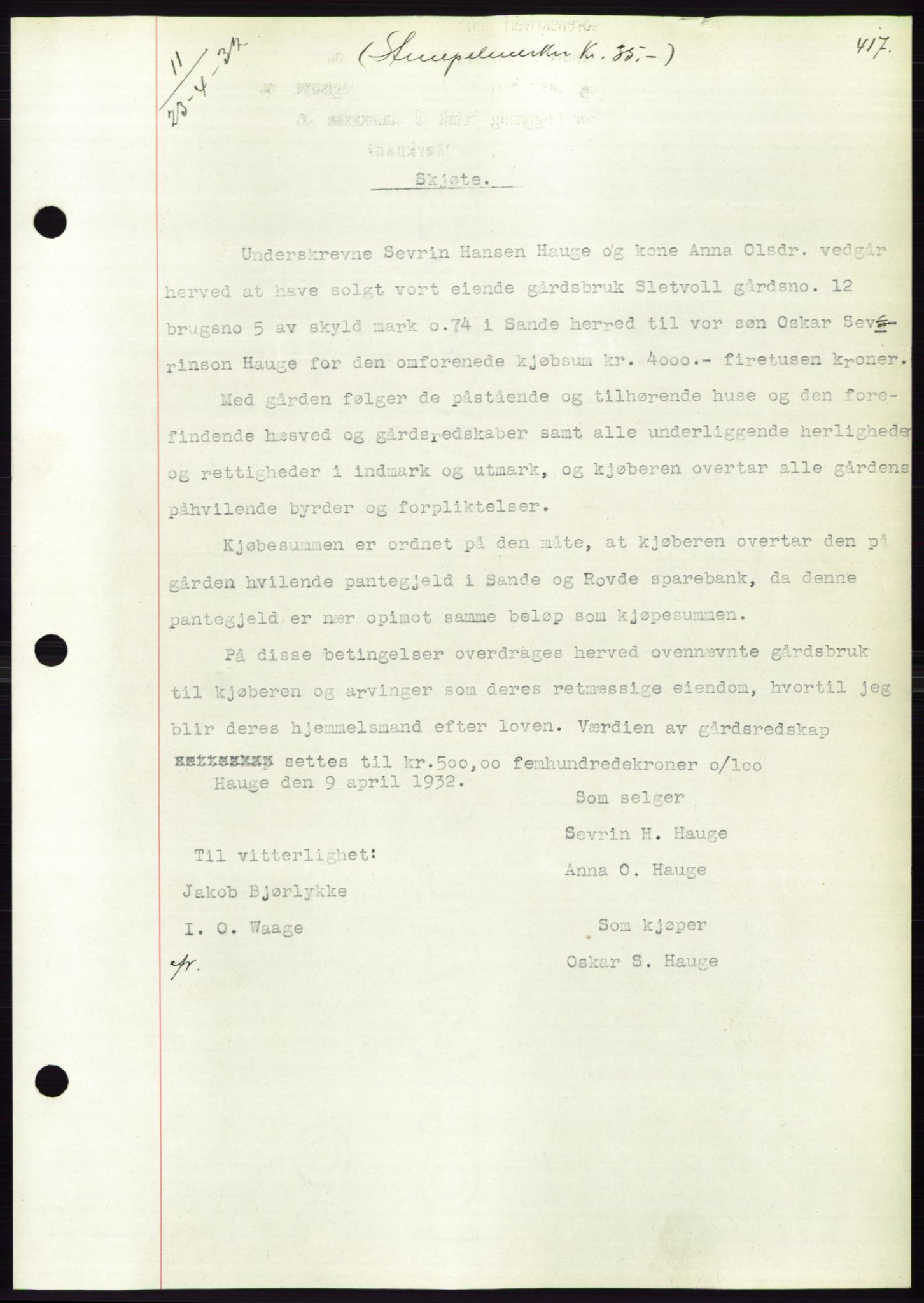 Søre Sunnmøre sorenskriveri, AV/SAT-A-4122/1/2/2C/L0053: Mortgage book no. 47, 1931-1932, Deed date: 23.04.1932