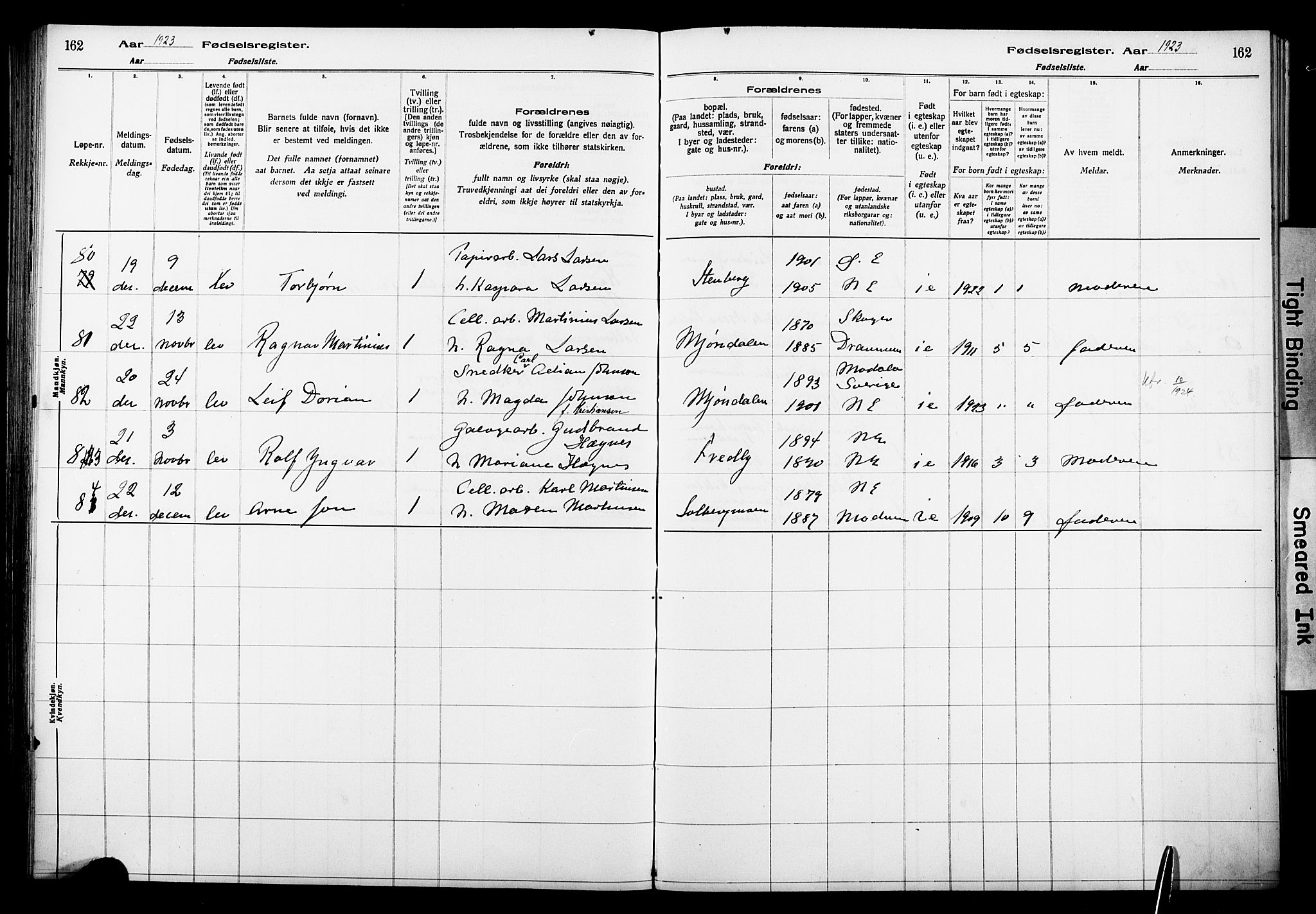 Nedre Eiker kirkebøker, AV/SAKO-A-612/J/Ja/L0001: Birth register no. 1, 1916-1925, p. 162