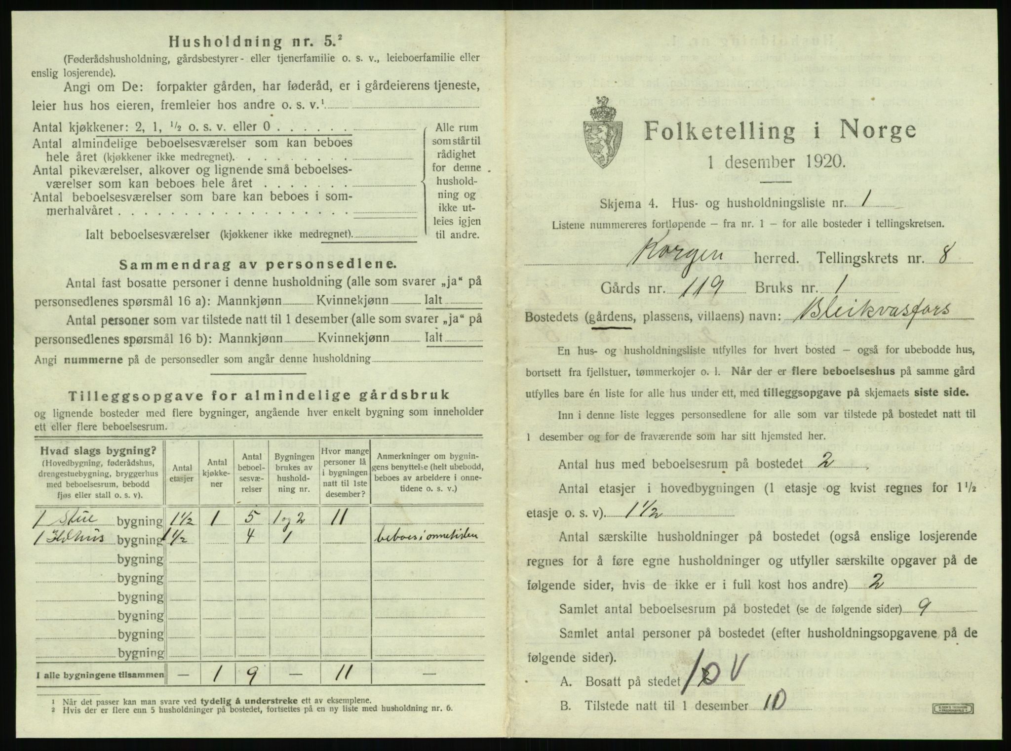 SAT, 1920 census for Korgen, 1920, p. 458