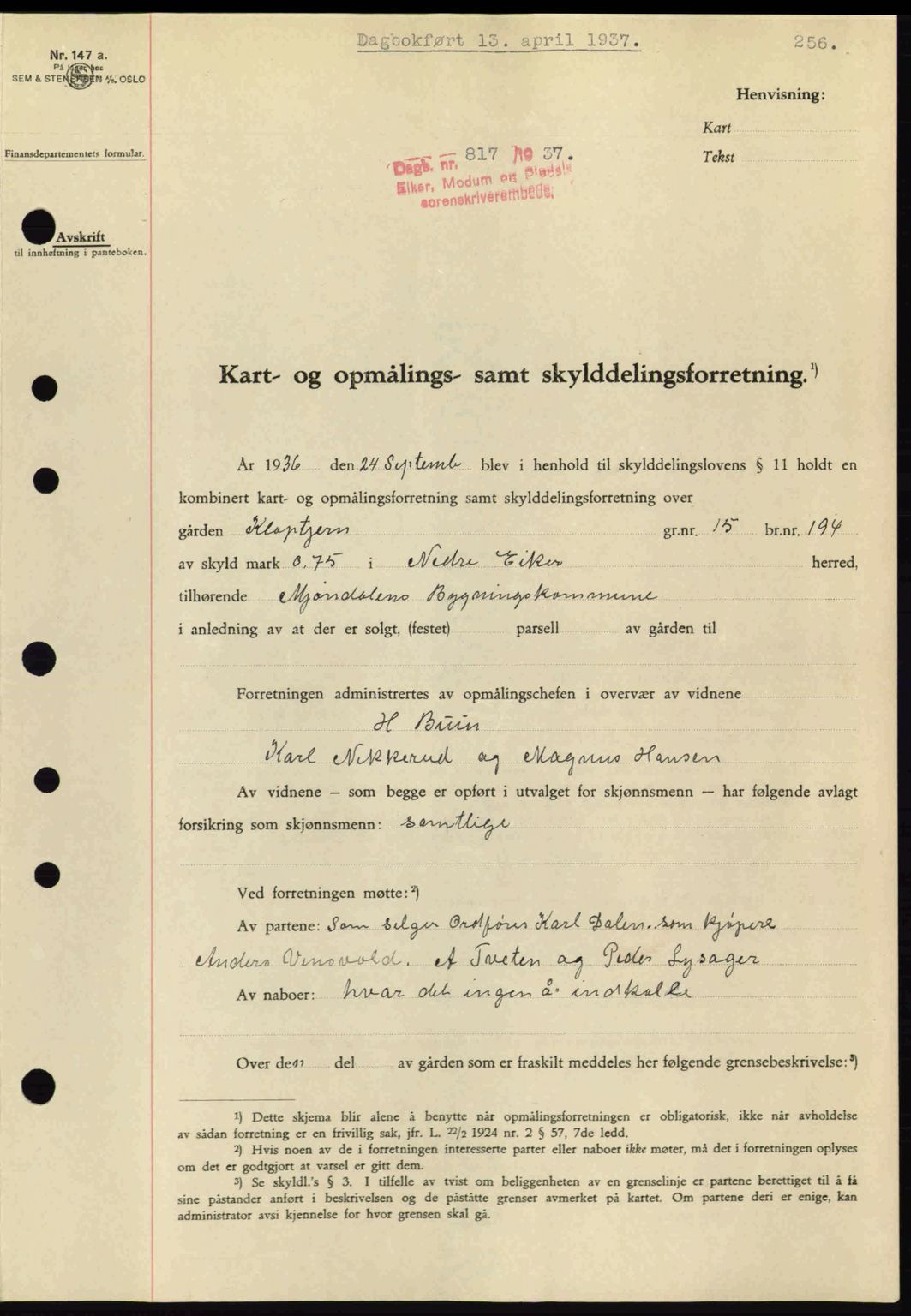 Eiker, Modum og Sigdal sorenskriveri, SAKO/A-123/G/Ga/Gab/L0035: Mortgage book no. A5, 1937-1937, Diary no: : 817/1937