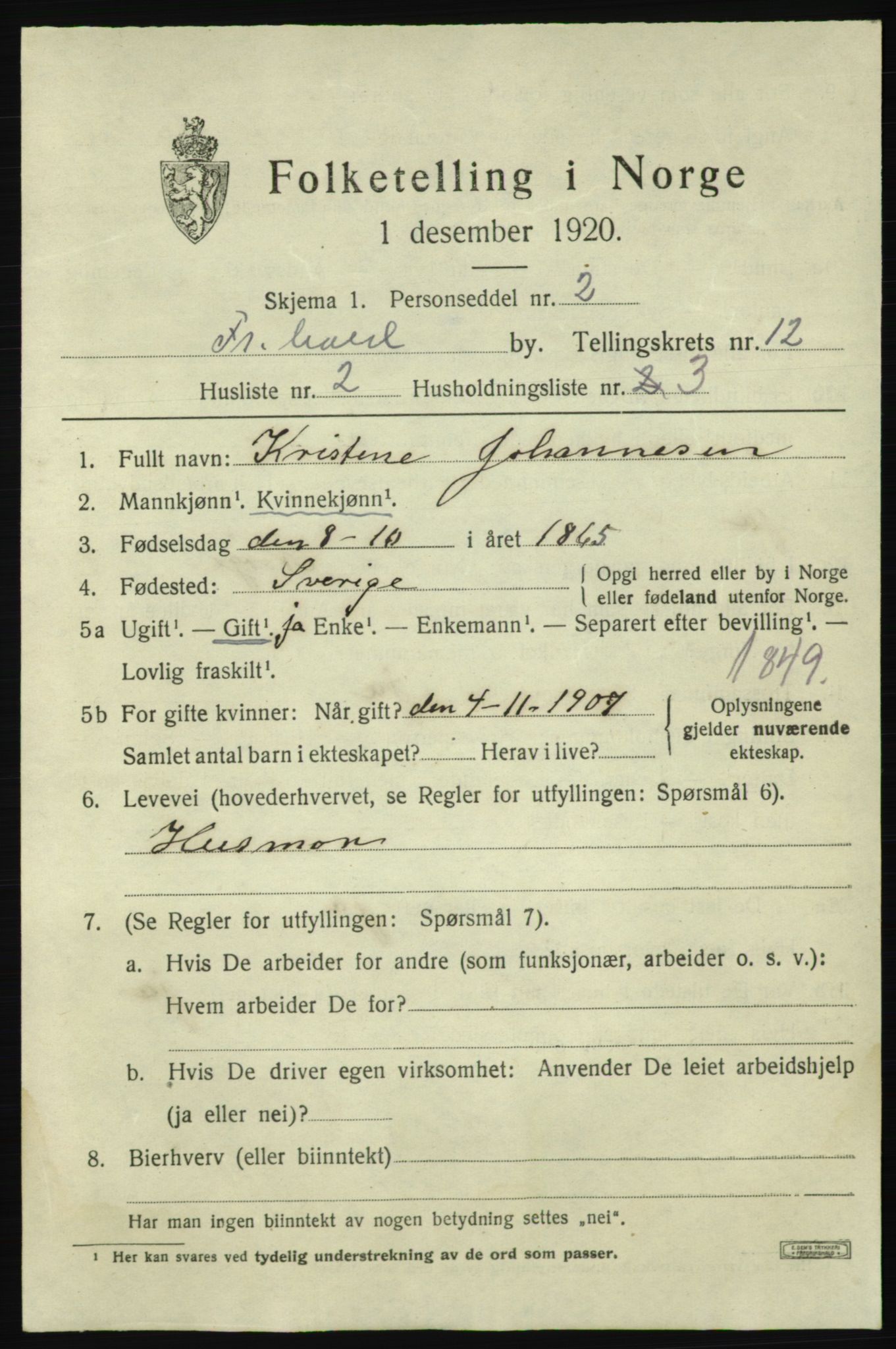 SAO, 1920 census for Fredrikshald, 1920, p. 19871