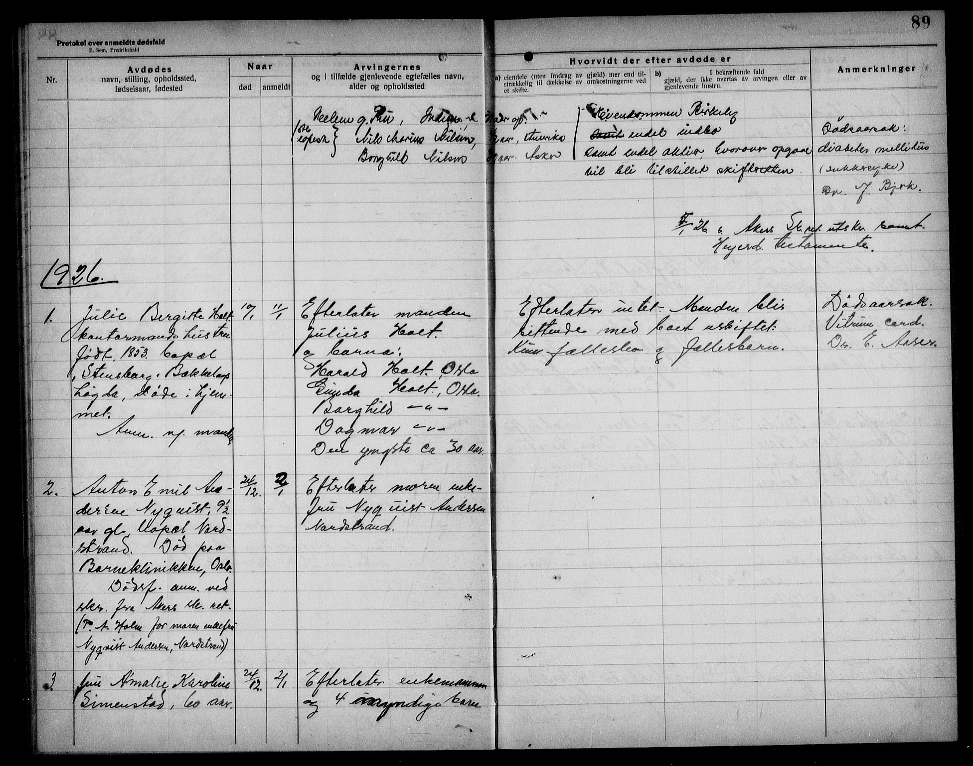 Aker kriminaldommer, skifte- og auksjonsforvalterembete, AV/SAO-A-10452/H/Hb/Hba/Hbad/L0001: Dødsfallsprotokoll for Nordstrand, 1922-1929, p. 89