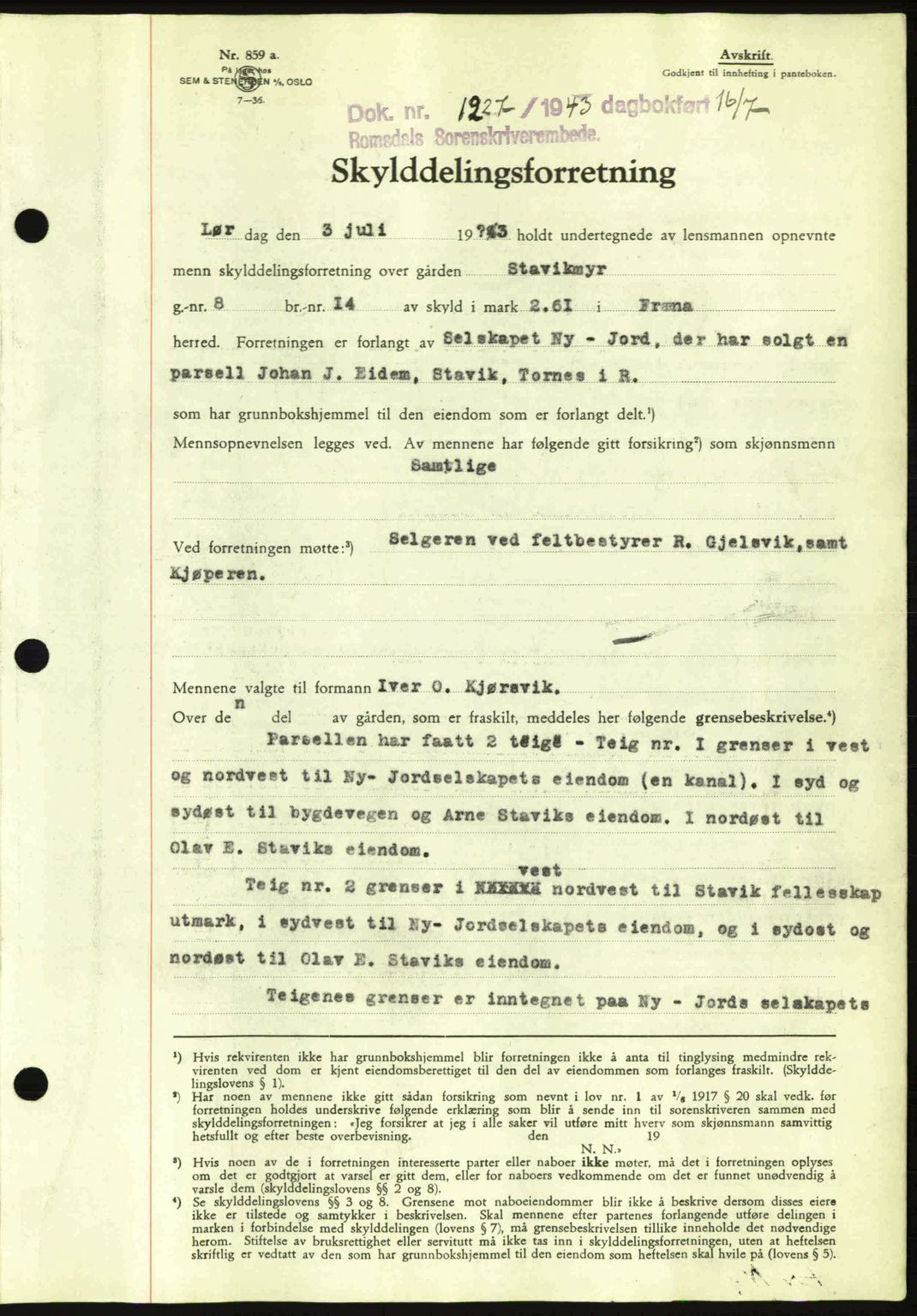 Romsdal sorenskriveri, AV/SAT-A-4149/1/2/2C: Mortgage book no. A14, 1943-1943, Diary no: : 1227/1943