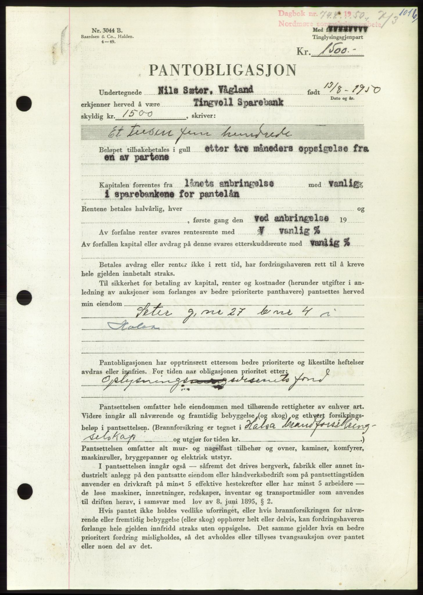 Nordmøre sorenskriveri, AV/SAT-A-4132/1/2/2Ca: Mortgage book no. B104, 1950-1950, Diary no: : 744/1950