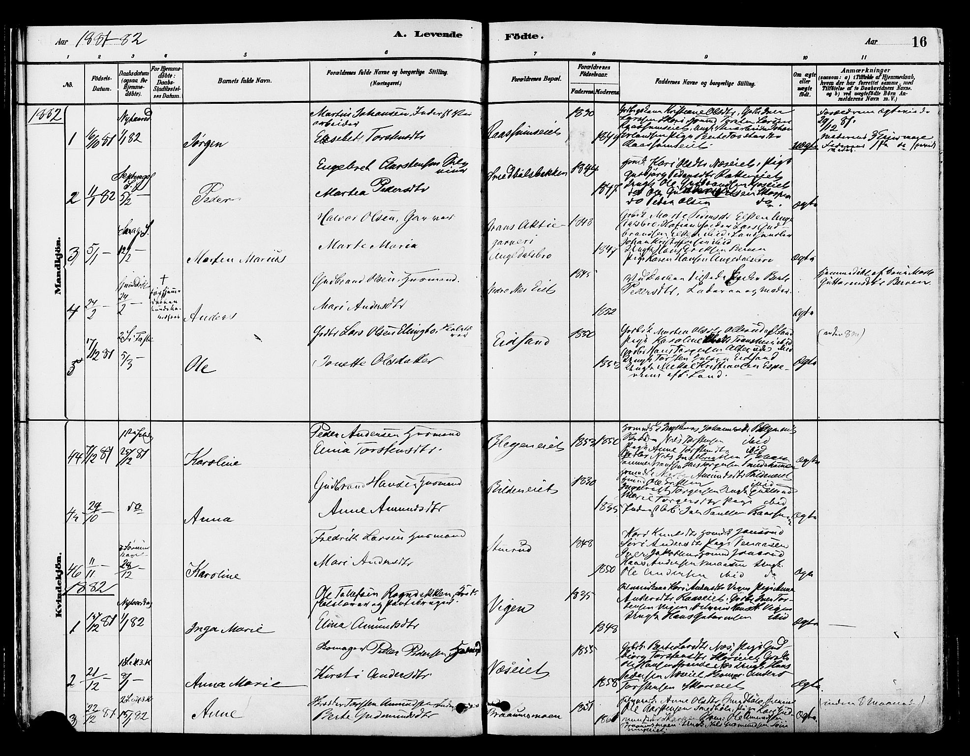 Gran prestekontor, SAH/PREST-112/H/Ha/Haa/L0015: Parish register (official) no. 15, 1880-1888, p. 16