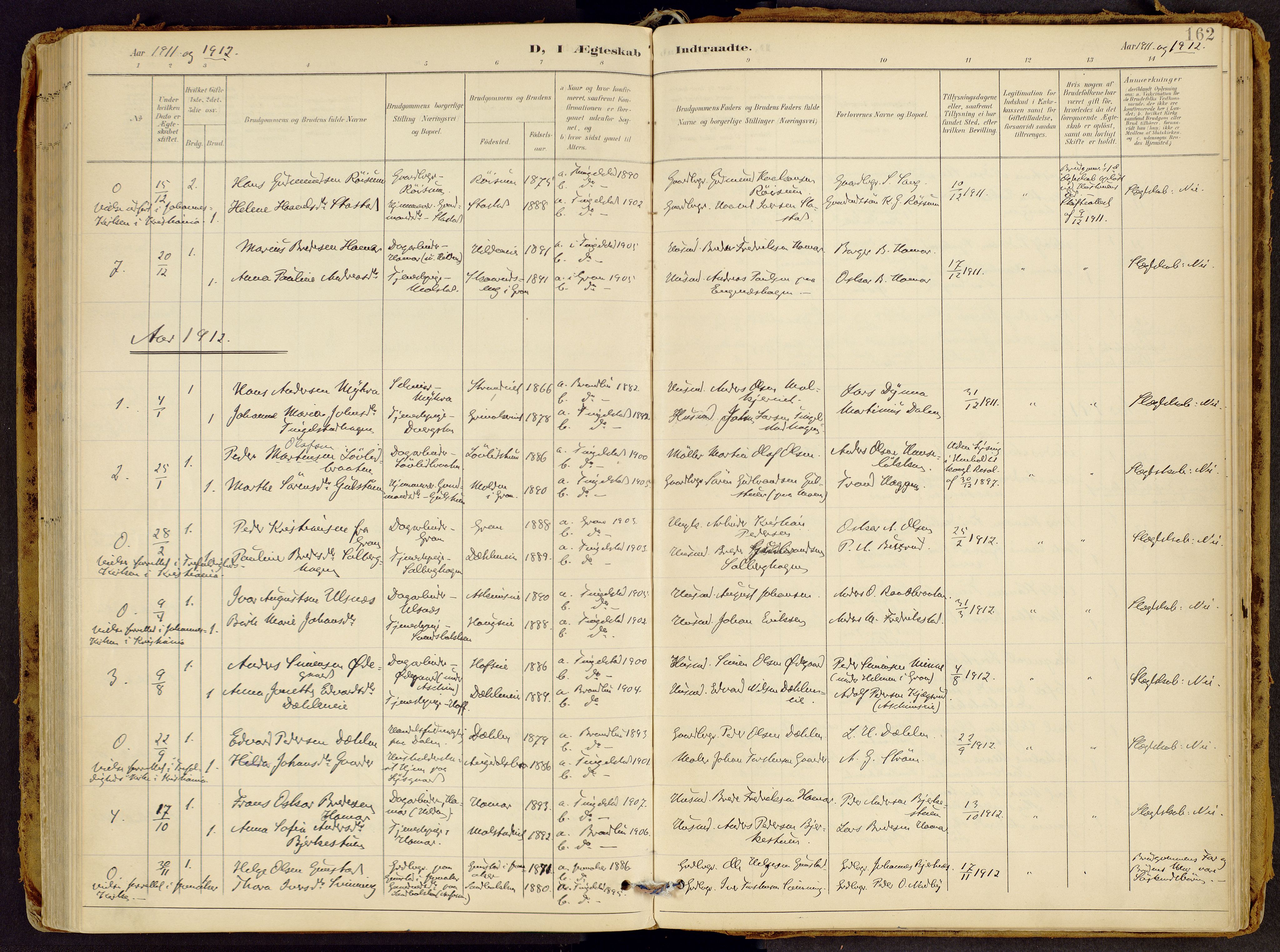 Brandbu prestekontor, SAH/PREST-114/H/Ha/Haa/L0002: Parish register (official) no. 2, 1899-1914, p. 162