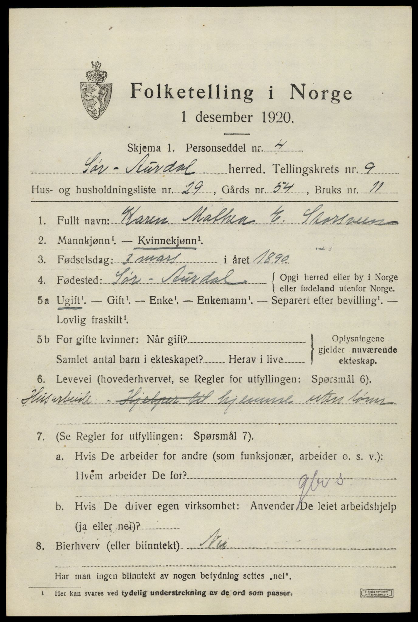 SAH, 1920 census for Sør-Aurdal, 1920, p. 5473