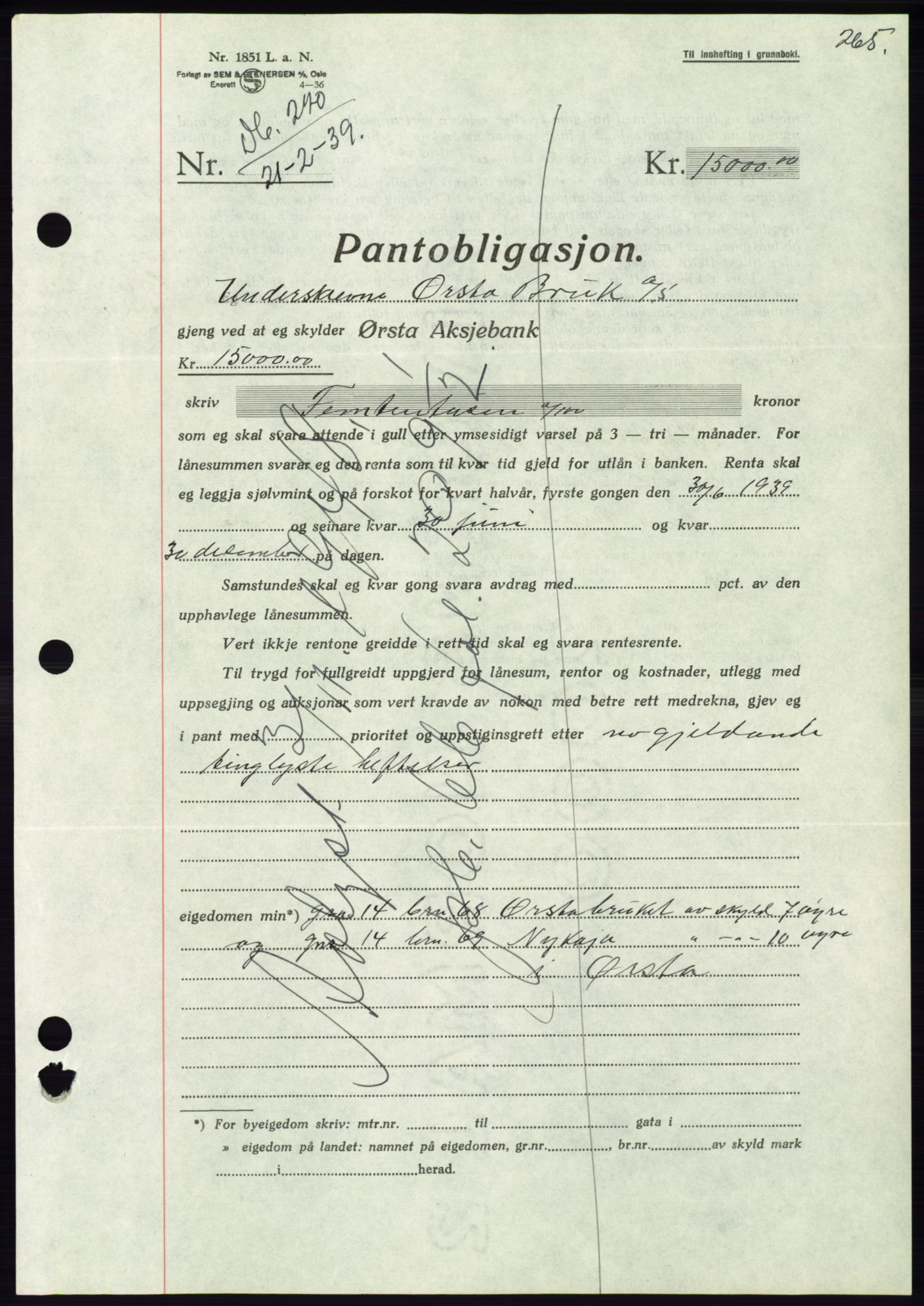 Søre Sunnmøre sorenskriveri, AV/SAT-A-4122/1/2/2C/L0067: Mortgage book no. 61, 1938-1939, Diary no: : 220/1939