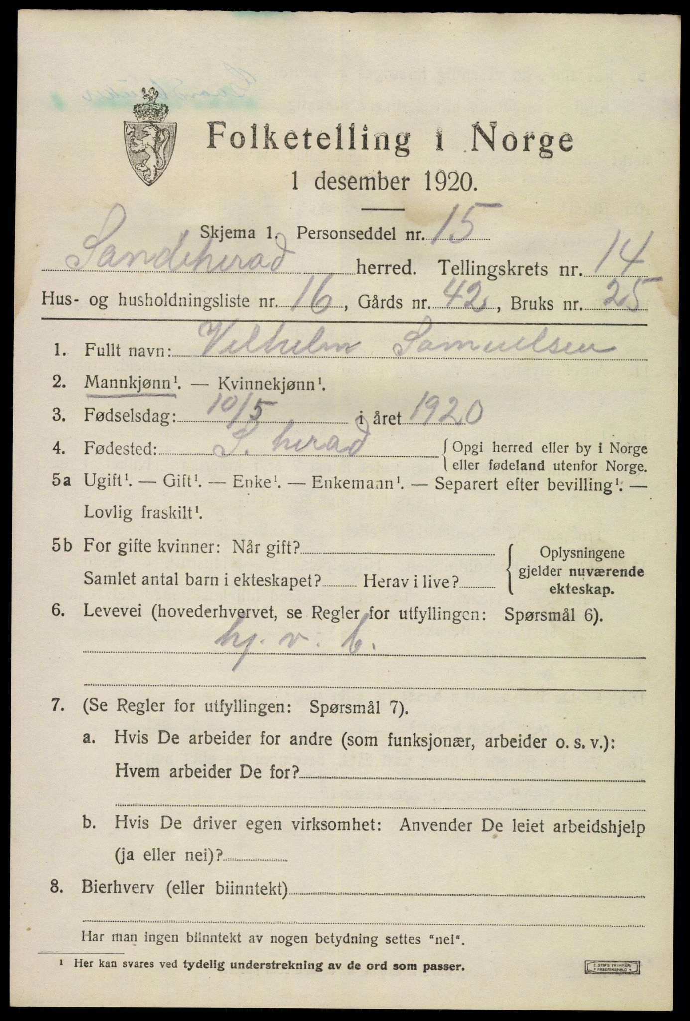 SAKO, 1920 census for Sandeherred, 1920, p. 20438