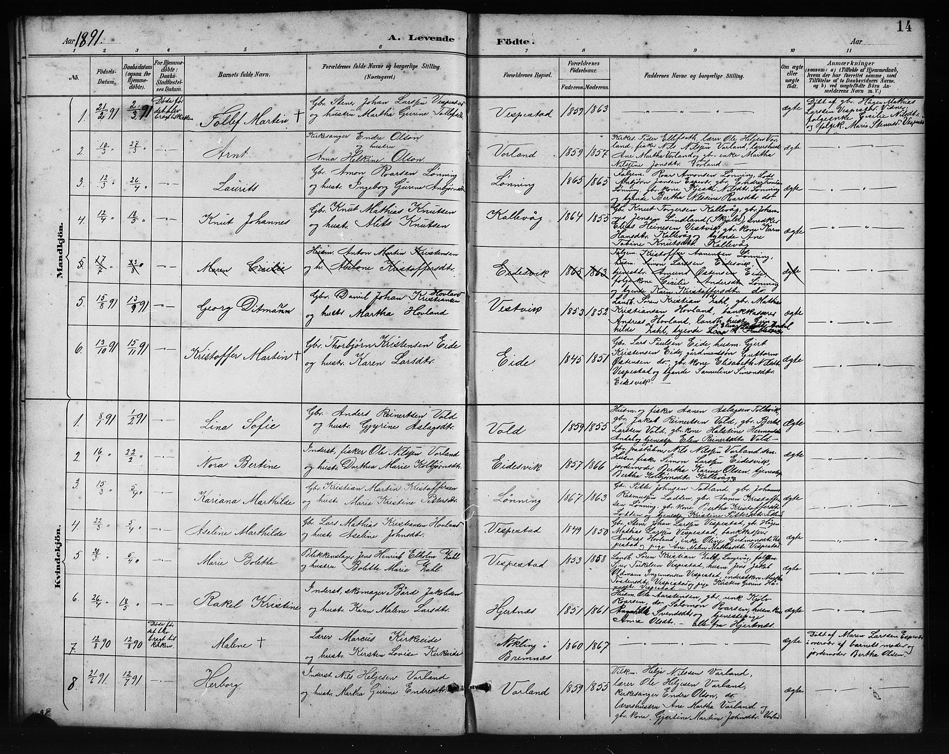 Finnås sokneprestembete, AV/SAB-A-99925/H/Ha/Hab/Habc/L0002: Parish register (copy) no. C 2, 1887-1906, p. 14